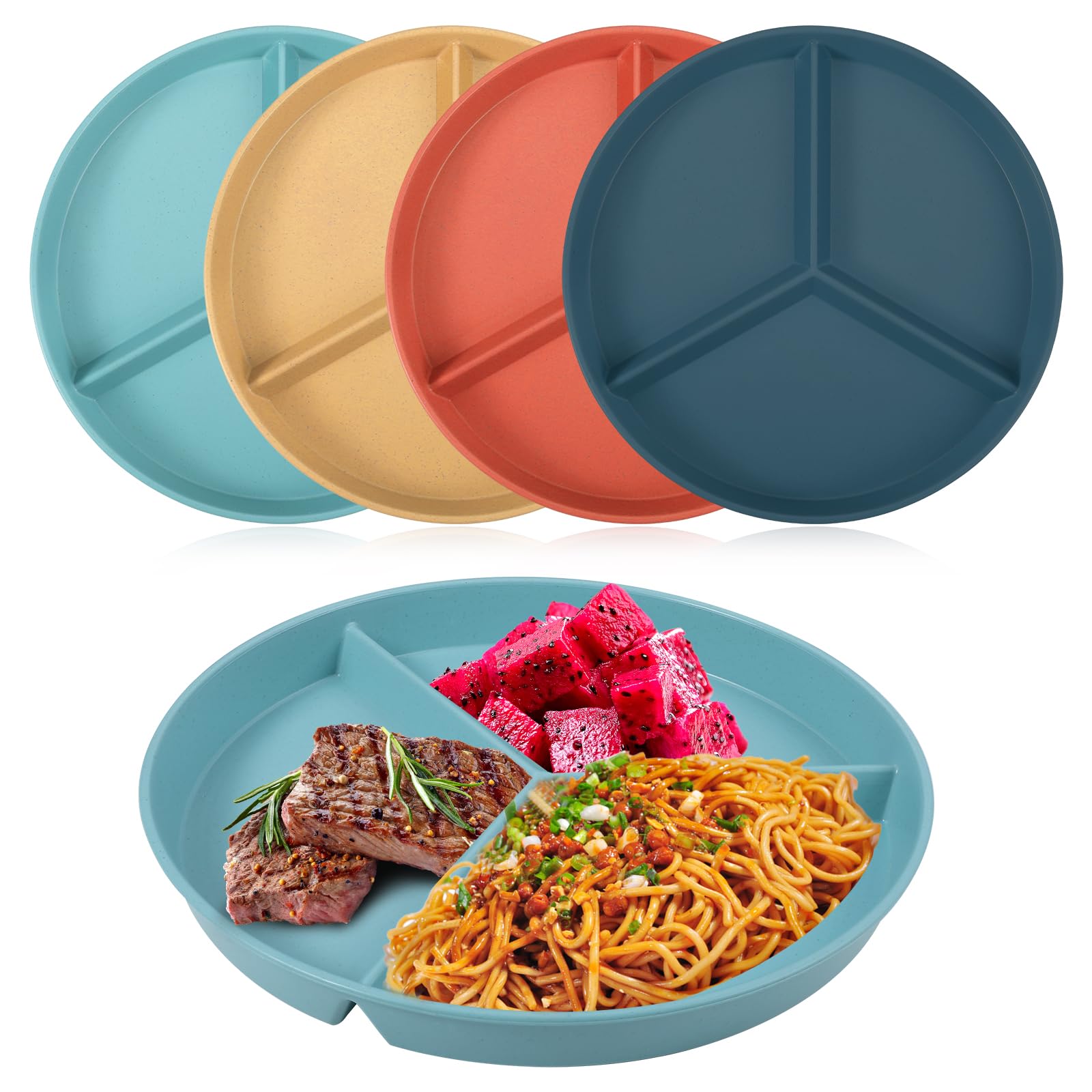 Lanjue 4Pcs Divided Dinner Plates, 9 inch Unbreakable Portion Control Divided Diet Plates Reusable Picnic Plates for Adult Children Kids