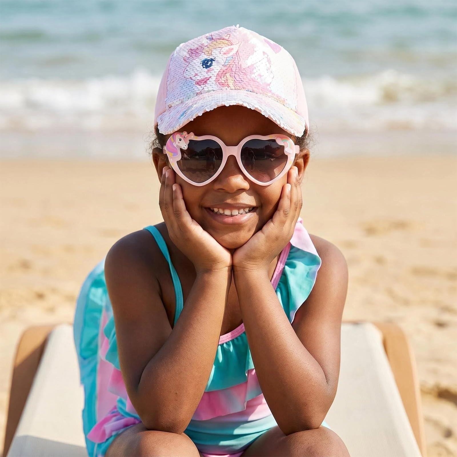 Gorra Niña y Gafas de Sol, Gorra de Béisbol Rosa Ajustable con Diseño de Unicornio y Gafas de Sol con Protección UV, para Niña 3-8 Años