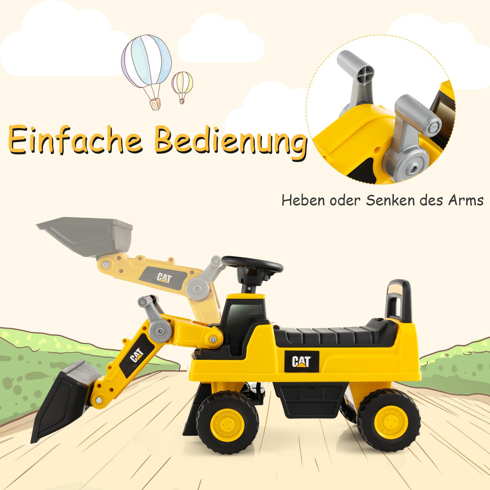 DREAMADE Sitzbagger, Bagger mit Lenkbarer Schaufel & Hupe, Rutschauto mit Stauraum unter Sitz, Aufsitzbagger mit Anti-Rutsch-Räder & Anti-Rollover-Vorrichtung für 1-3 Jahre (Bulldozer)