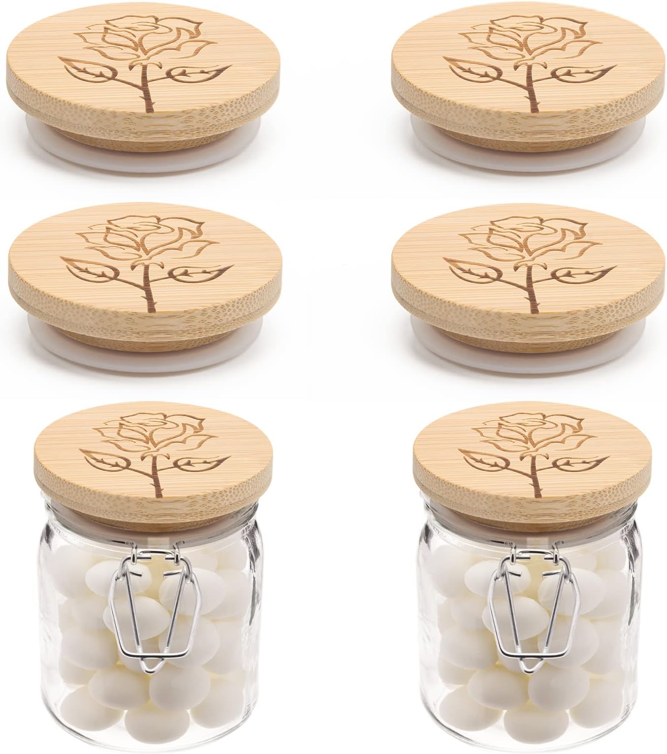 6Pcs Yogurt Jar Lids for Oui, Pletpet Wooden Lids for Oui Yogurt Jars Lids Silicone Sealing Rings, Reusable Yogurt Jar Lids Bamboo with Rose Pattern for Oui Yogurt Jars Store Cookie Glass