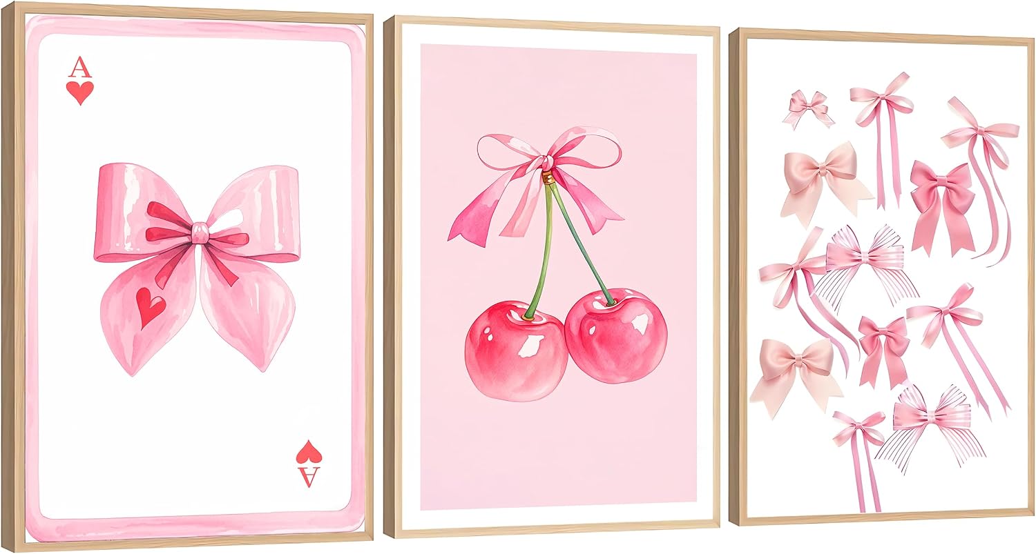 Pormipone Pink Bow Unframed Wall Art Prints 16x24 Inch Set of 3