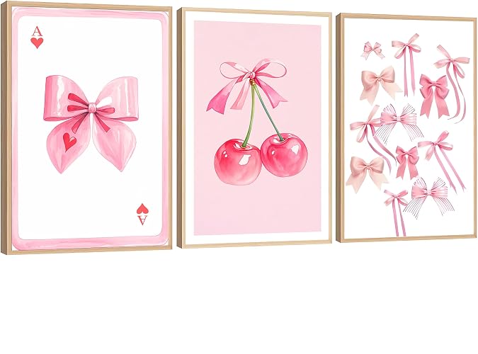3 Pcs Coquette Pink Bow Canvas Wall Art,Pink Cherry Wall Decor Poster for Girls Room,Preppy Bow Pictures for Wall Decor Bedroom Living Room Bathroom Home Decorations 16*24 in(Poster No Frame) - Pink Bow Cherry Poster - 16*24 in