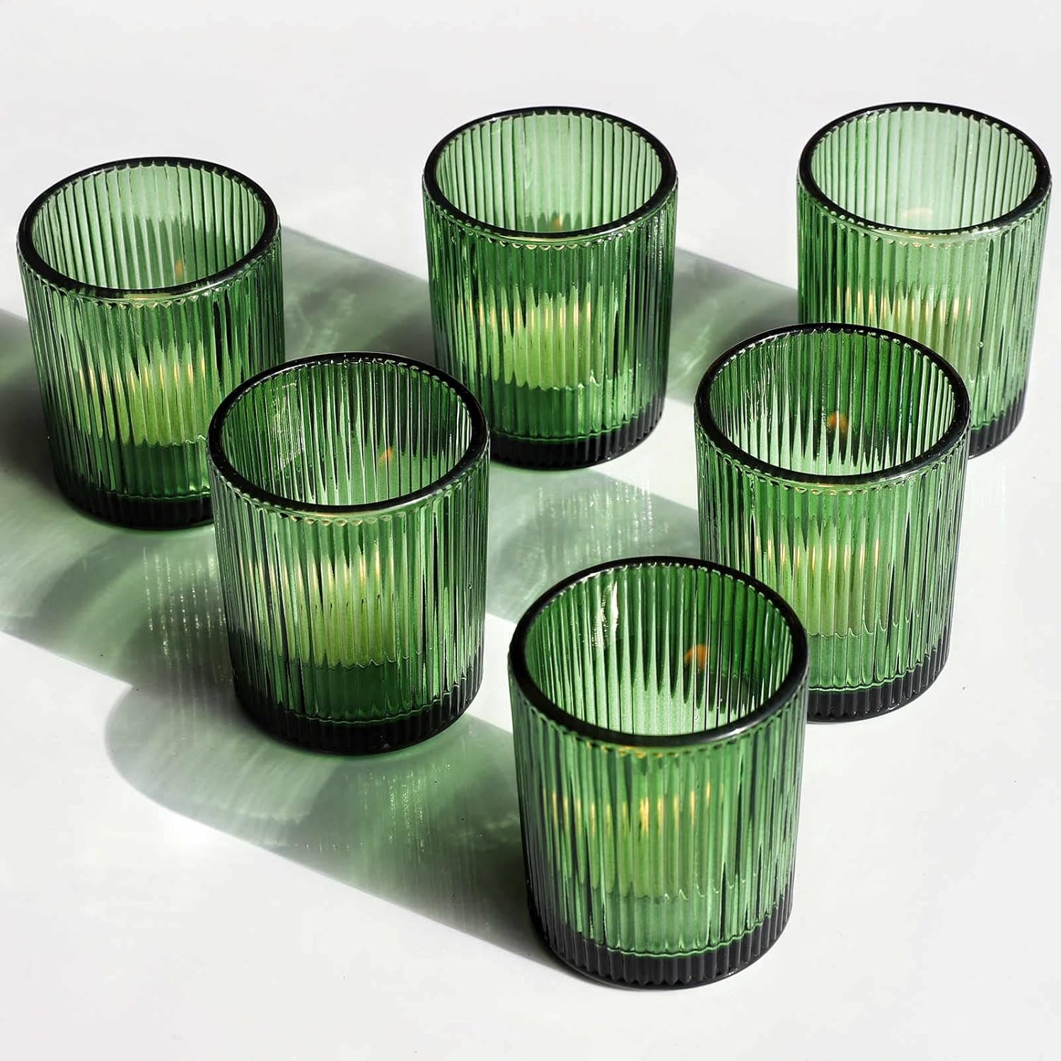 VOHO 12pcs Candle Holder Ribbed Glass, Green Votive Candle Holders for Wedding Party Table Centerpieces, Glass Tealight Candle Holder for Birthday Gift(2.1'' x 2.6'', Green) Green 12