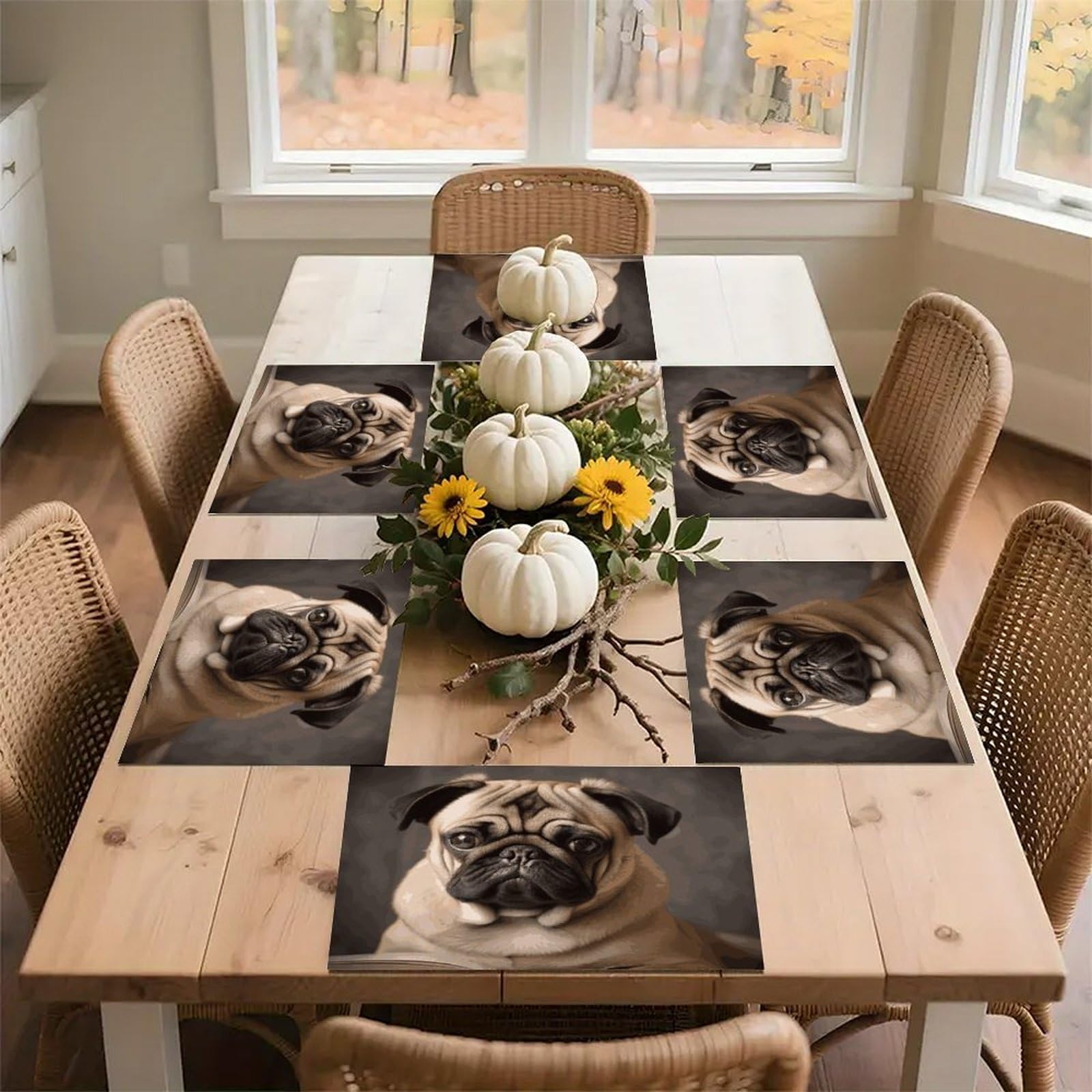 Animal Pug Dog Placemats Heat-Resistant Washable Place Mats Anti Slip Dining Table Place Mats Wipeable Dining Table Mats Kitchen Decoration Placemats 17.7’’×11.8’’