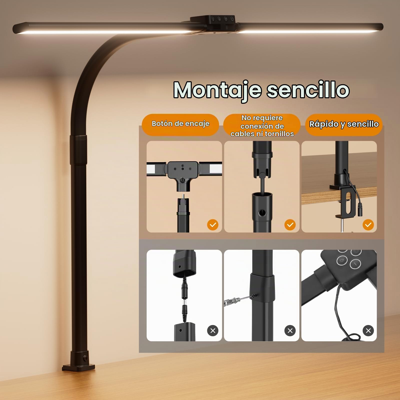 SIBRILLE Lampara Led Escritorio con Pinza, Lámpara De Escritorio Giratoria Para Ordenador Y Oficina En Casa, Lámpara De Escritorio Regulable Ajustable Con Cuello De Cisne, Doble Cabezal, Negro