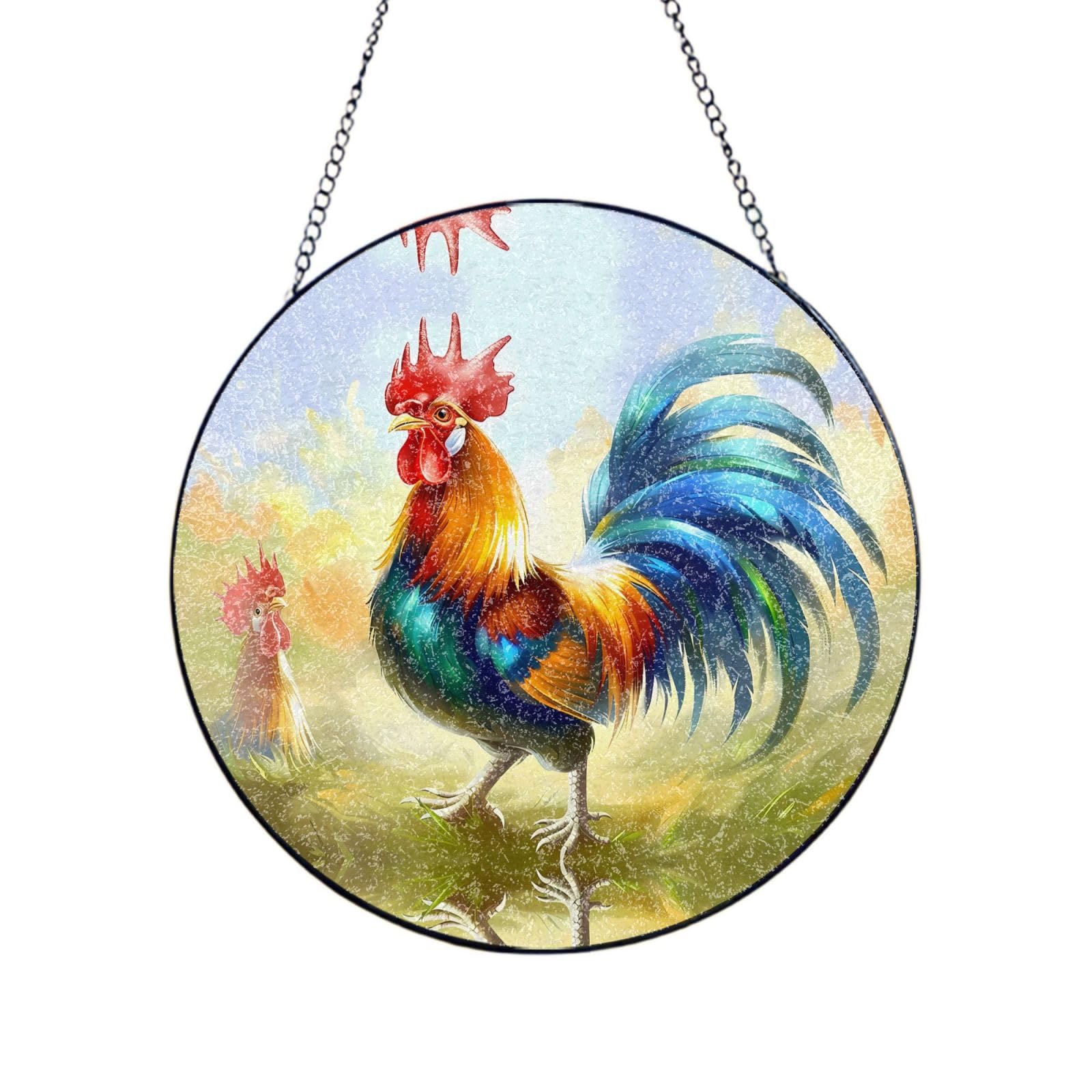 Phayah Colorful Rooster Print Stained Glass Window Hanging Suncatcher For Door Terrace Garden Home Decor Sun Catcher Birthday Gifts For Lovers Dad Mom 4in（10cm）