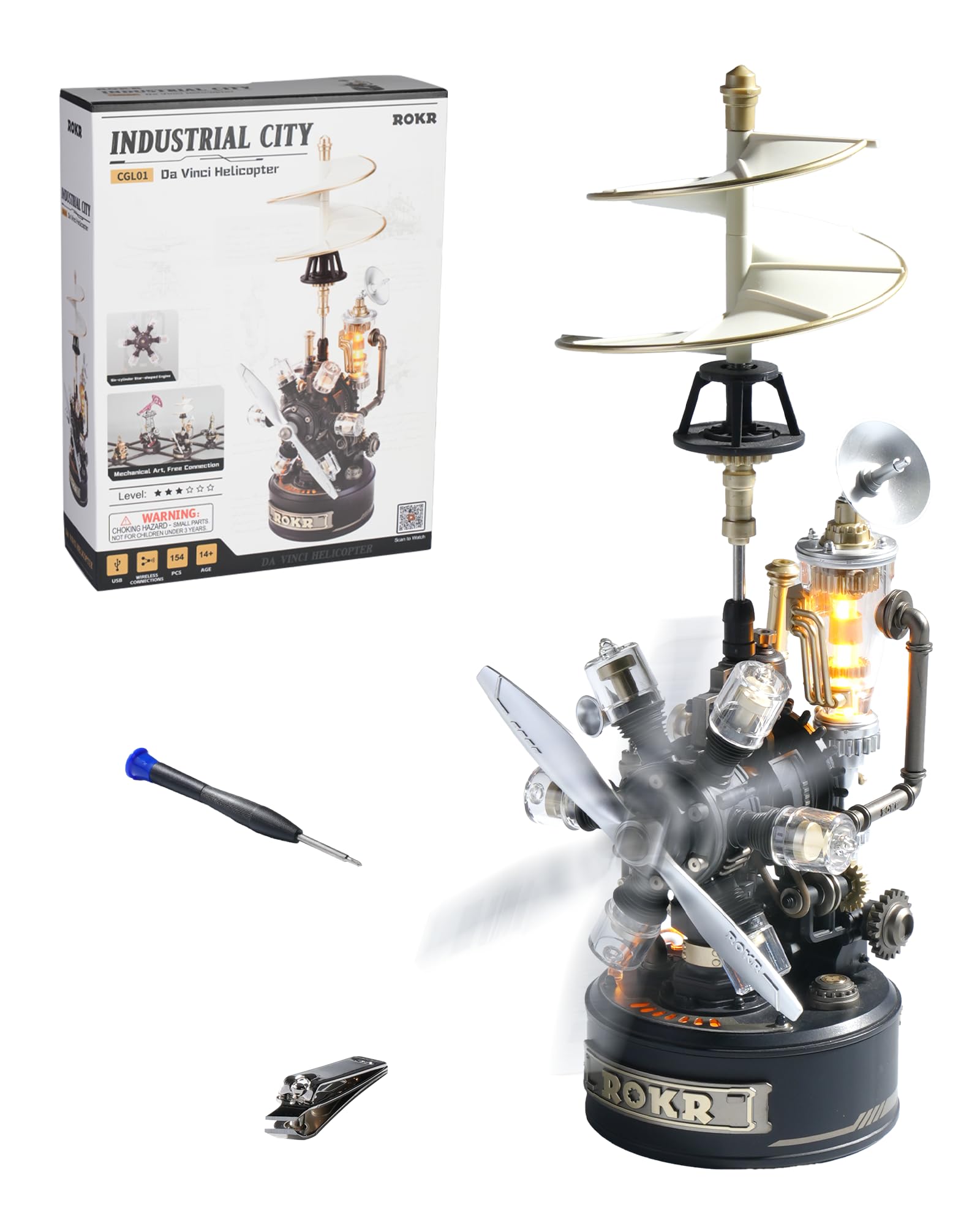 ROKR 3D Puzzle Plastic Metal Mechanical 3D Model Kits for Adults to Build DIY Crafts Gifts, Industrial City (Retro Helicopter)