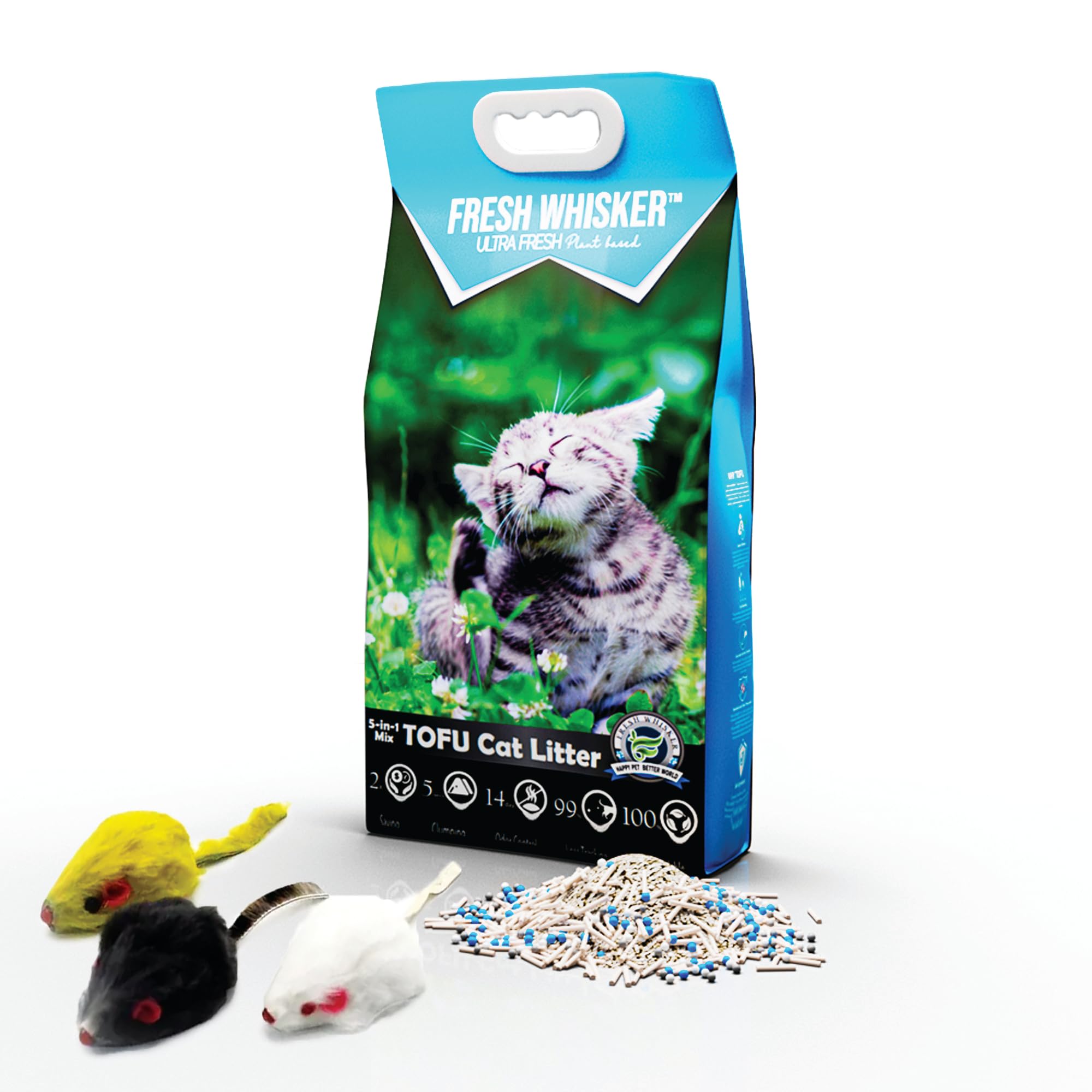 FreshWhisker Tofu Cat Litter, Odor Free & Flushable Clumping Tofu Kitty Litter Products for Cats (6 LB Bag with Toy)