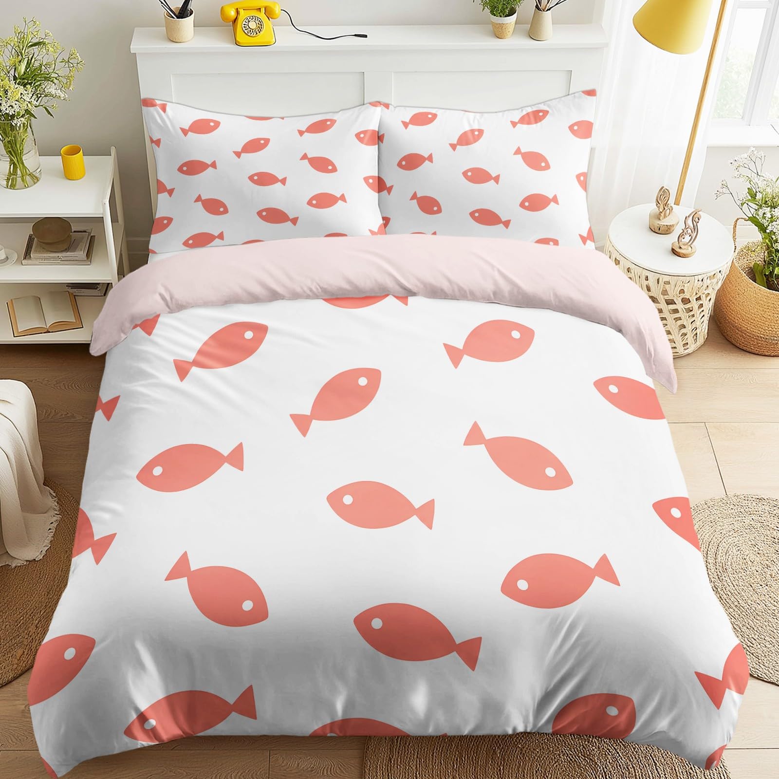 Housse de couette 200 x 220 cm banc de poissons blanc et corail pop art