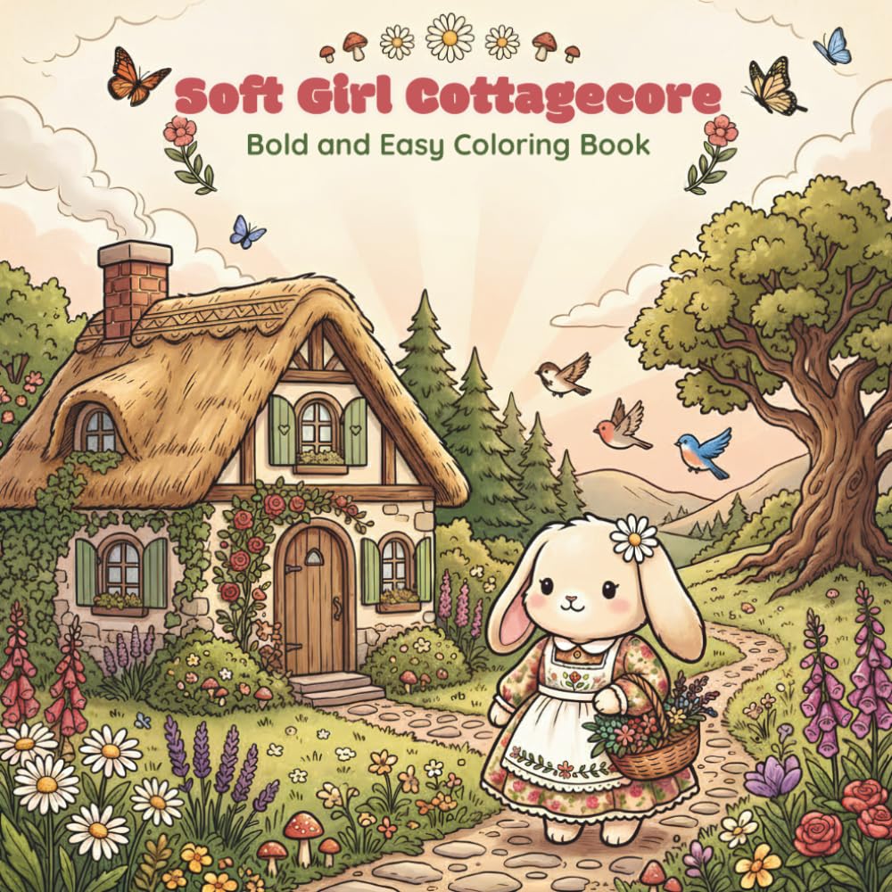 Soft Girl Cottagecore: Bold and Easy Coloring Book for Adults and Teens with Whimsical Mushroom Houses, Cottage Kitchens, Wildflower Meadows, Tea Picnics, Forest Animals and Cozy Crafts for Self-Care