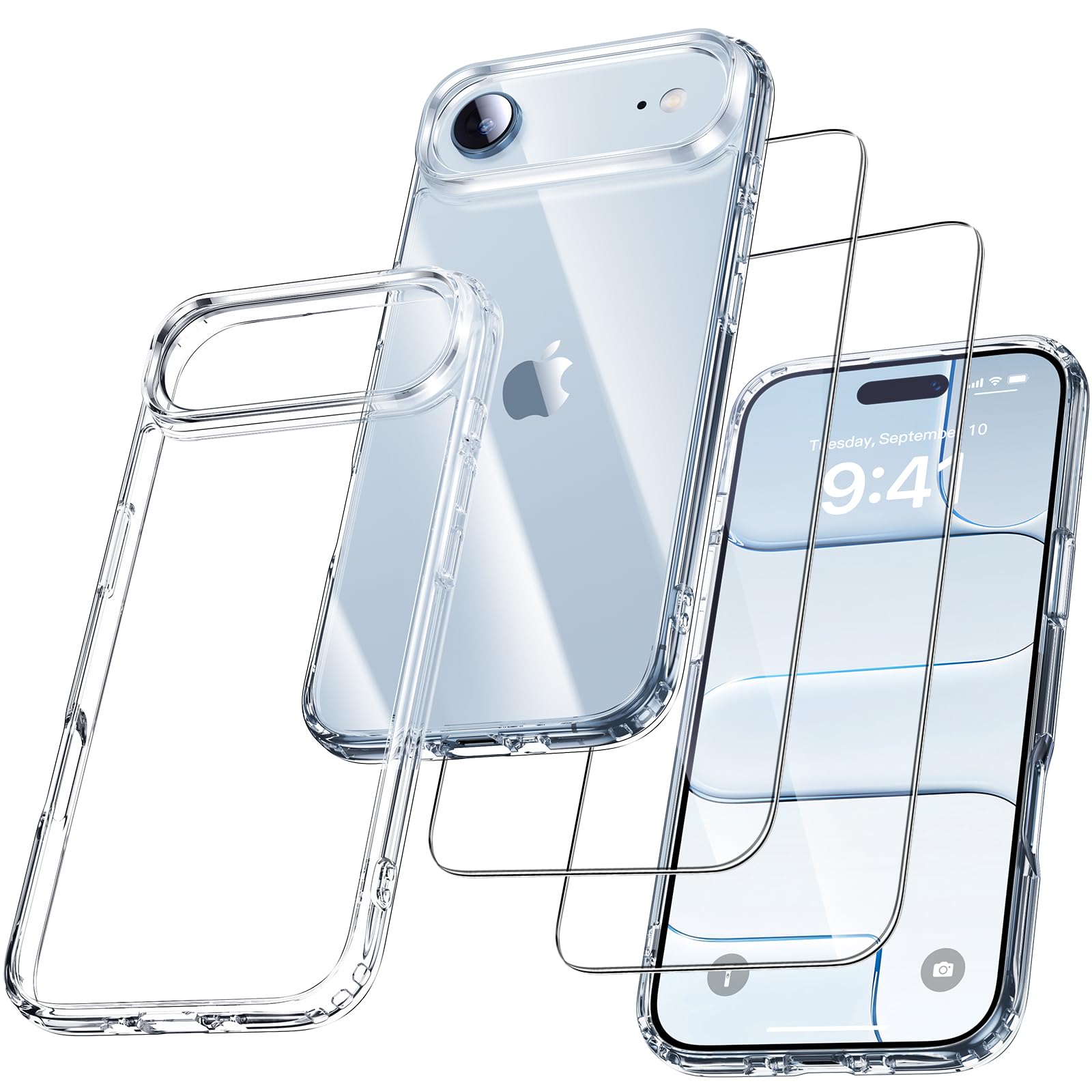 UniqueMe für iPhone Air Hülle - Handyhülle für iPhone 17 Air Case, Rundumschutz Hülle Set Schutzhülle Cover, 1 Handyhülle & 2 Schutzfolie - Transparent