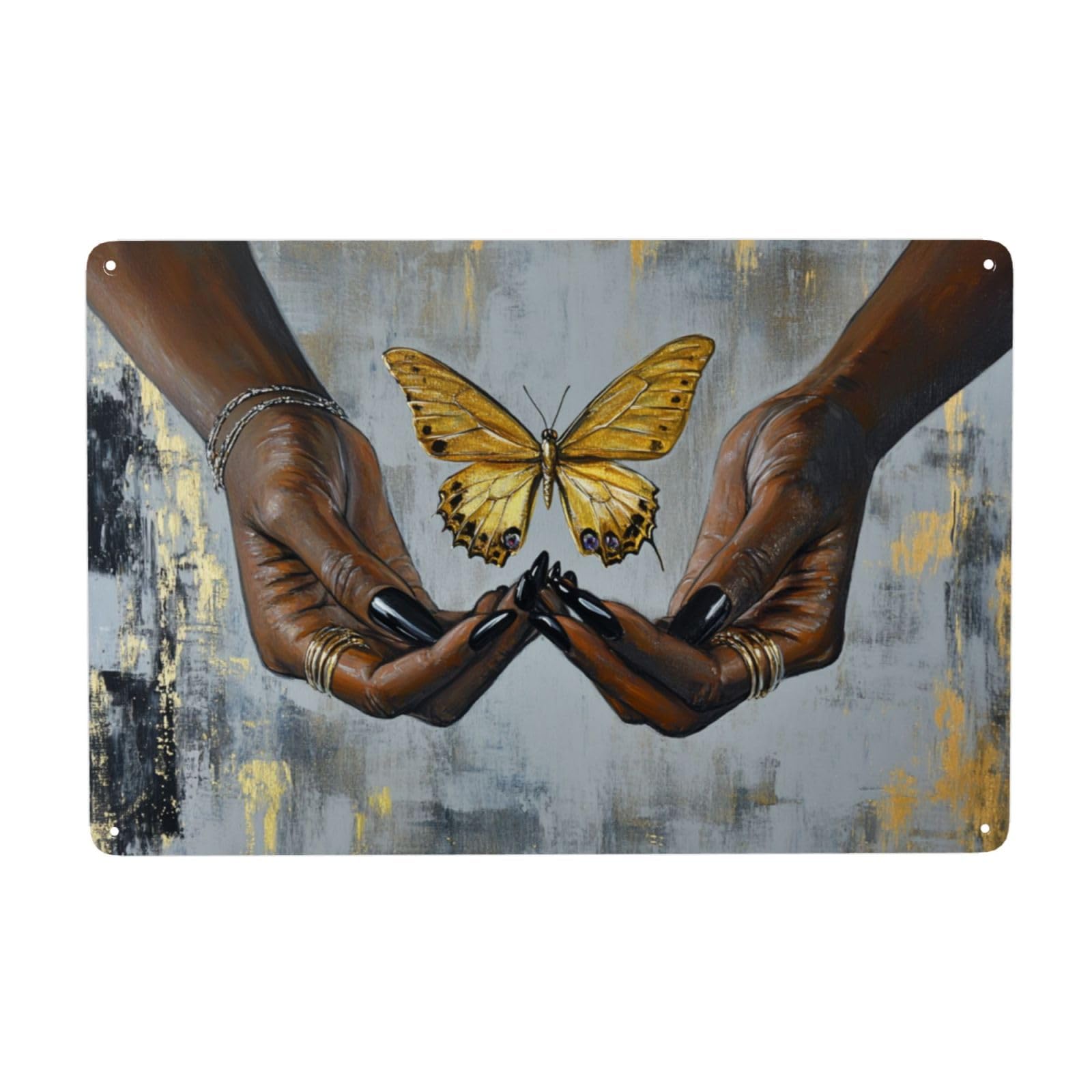 Black Woman Hands With Gold Butterfly Metal Signs Tin Wall Art Decor For Bathroom Toilet Washroom Farmhouse Restroom Yard 20x30 Cm