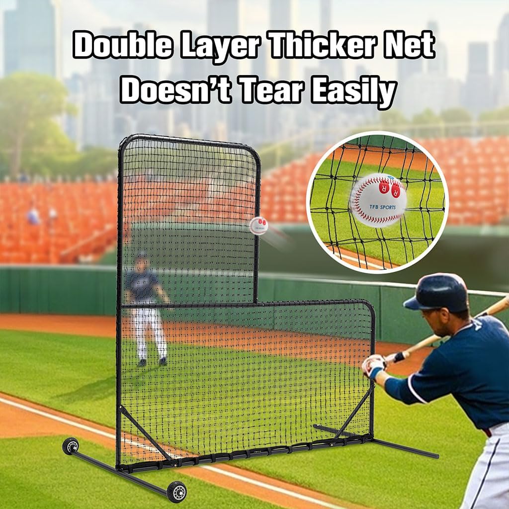 L Screen Baseball Screen Pitching Screen, Baseball Pitching Net with Wheels - 84''H x 84''W, with 42'' x 42'' Cutouts,with Carry Bag Body Protector for Back Drive Lines