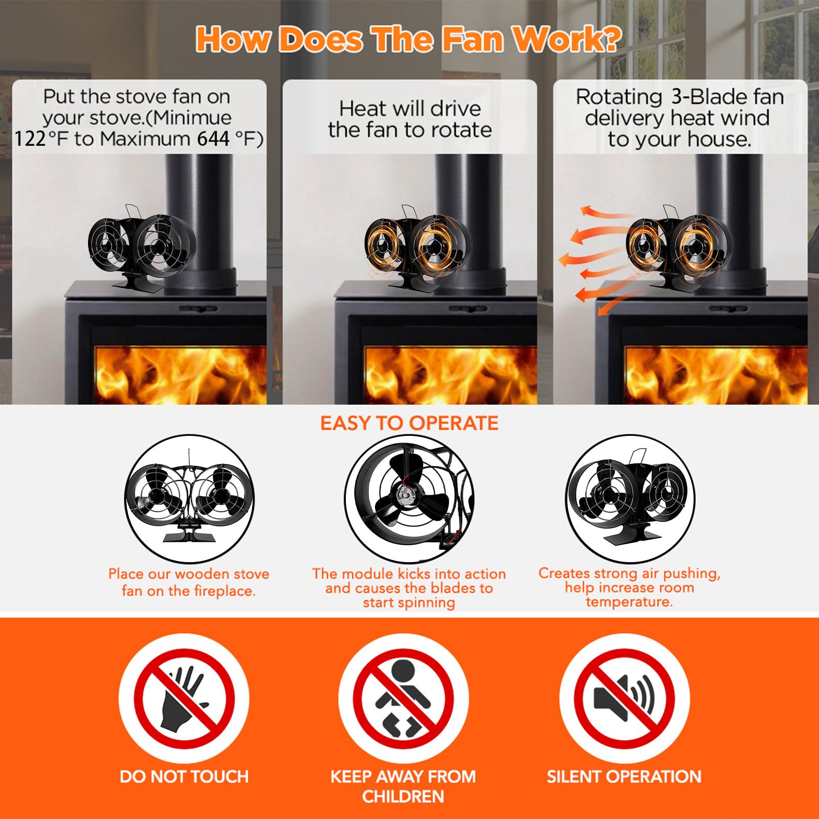 Ventilatore per stufa a legna - Ventilatore ecologico a doppia testa | silenzioso e ad alte prestazioni, di circolazione 'aria | Strumento di distribuzione del calore silenzioso per stufe a
