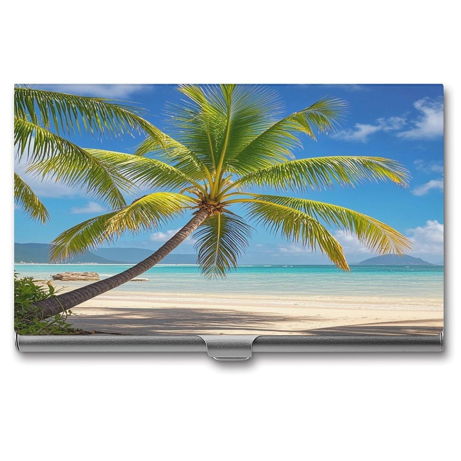 FekiLoot Tropical Palm Tree Business Card Holder for Men Women Metal Slim Organizer Business Card Carrier Wallet Name Cards Holder Retro Slim Pocket Purse Small Portable Card Case