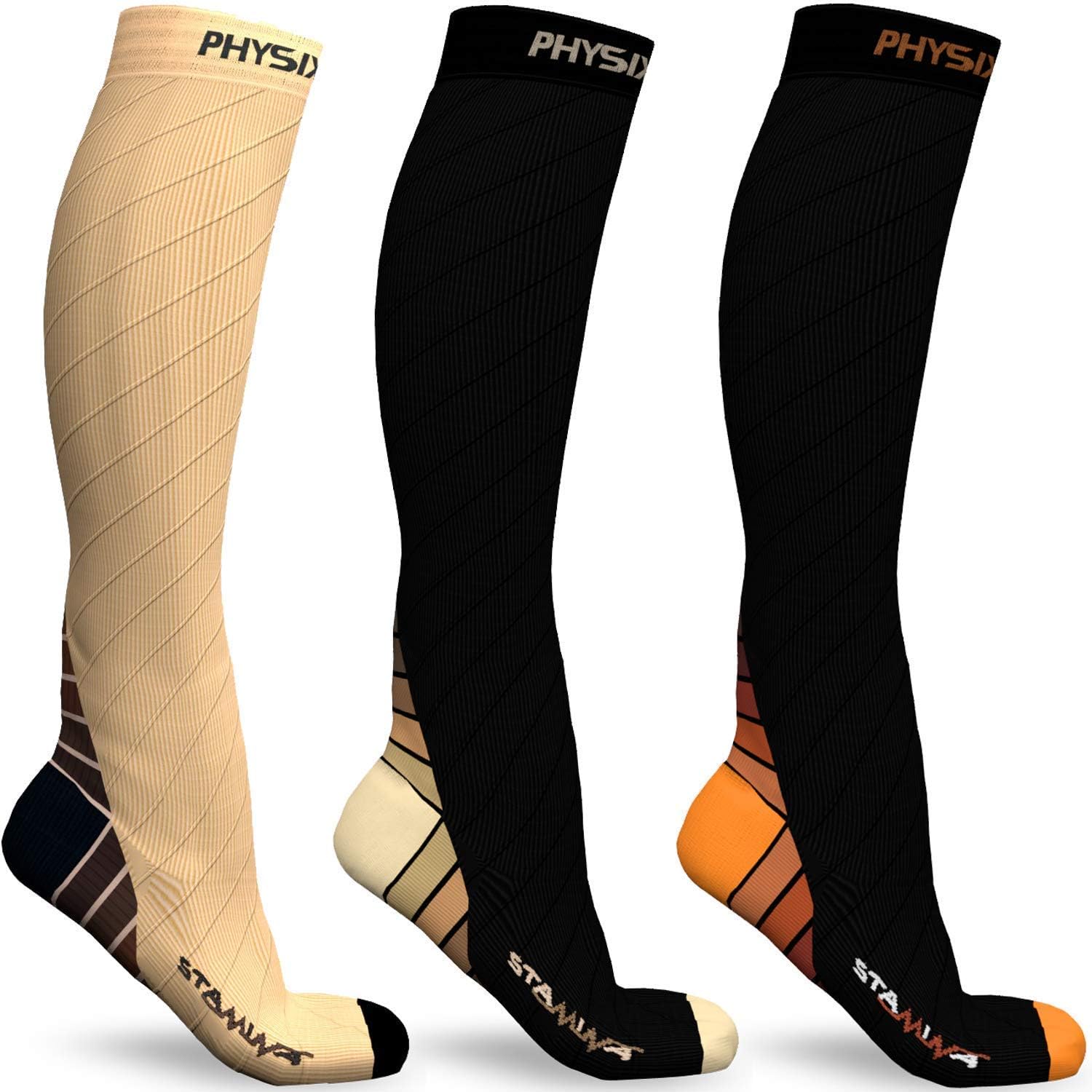 Physix Gear Sport 3 Pairs of Compression Socks for Men & Women in (Black/Orange + Black/Beige + Nude Beige) S-M Size