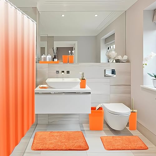 Miniatura 8 de Juego de baño - Juego de baño naranja con cortina de ducha y alfombras, juego de 24 cortinas de ducha con ganchos, dispensador de jabón, jabonera,