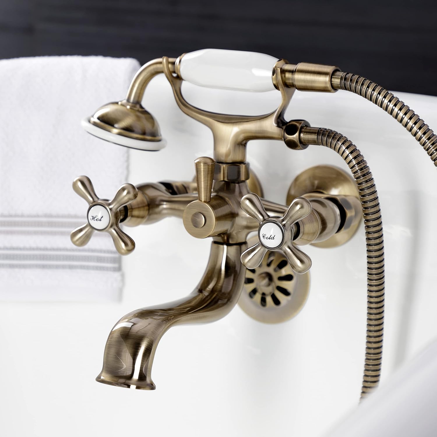 Kingston Brass KS225AB Kingston Wall Mount Clawfoot Tub Faucet with Hand Shower, Antique Brass