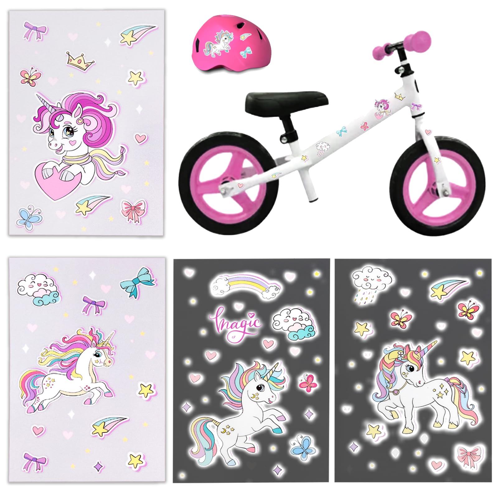 4er Pack Fahrrad Aufkleber Einhorn Sticker Reflektierende Aufkleber Fahrrad Kinder, Wasserdicht Fahrradaufkleber Vinyl Glitzer Sticker Einhorn für Fahrrad Helm Skateboards Gepäck.
