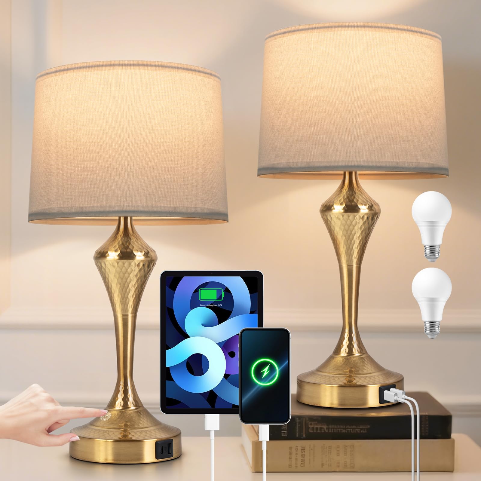 2 Pack Modern Touch Control Table Lamps with USB-C USB-A Ports 3-Way Dimmable Bedside Lamps E26 Base Bulbs