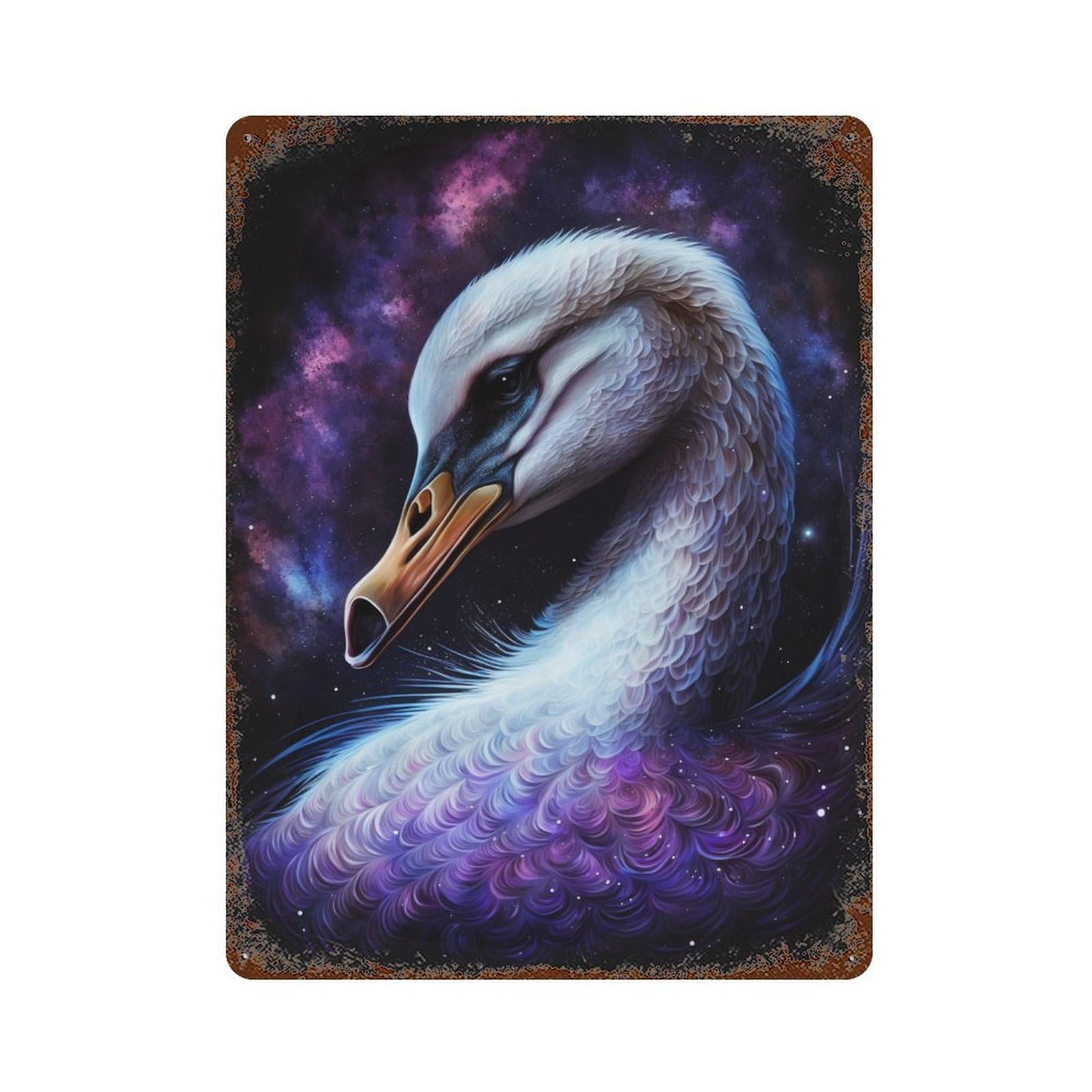 Rusty Metal Tin Sign with Cosmic Swan Art Print-3 Design 15.7"x11.8", for Shed, Workshop And Garage Wall Decor, Classic Wall Plaque
