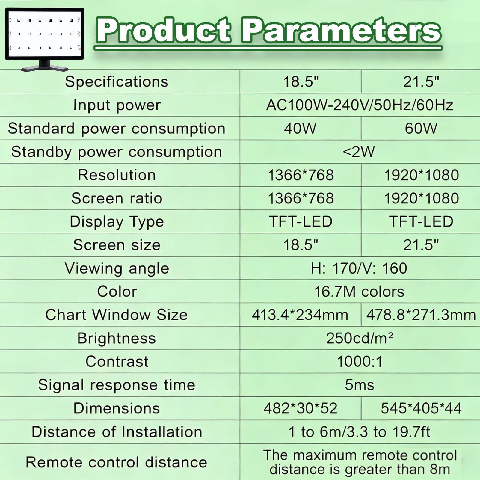 Tableau d'acuité visuelle numérique, Tableau de Test oculaire LCD, Moniteur Optique LCD ophtalmique, Distance de Test réglable de 1 à 6 m, pour Usage Professionnel en optométrie 21.5in