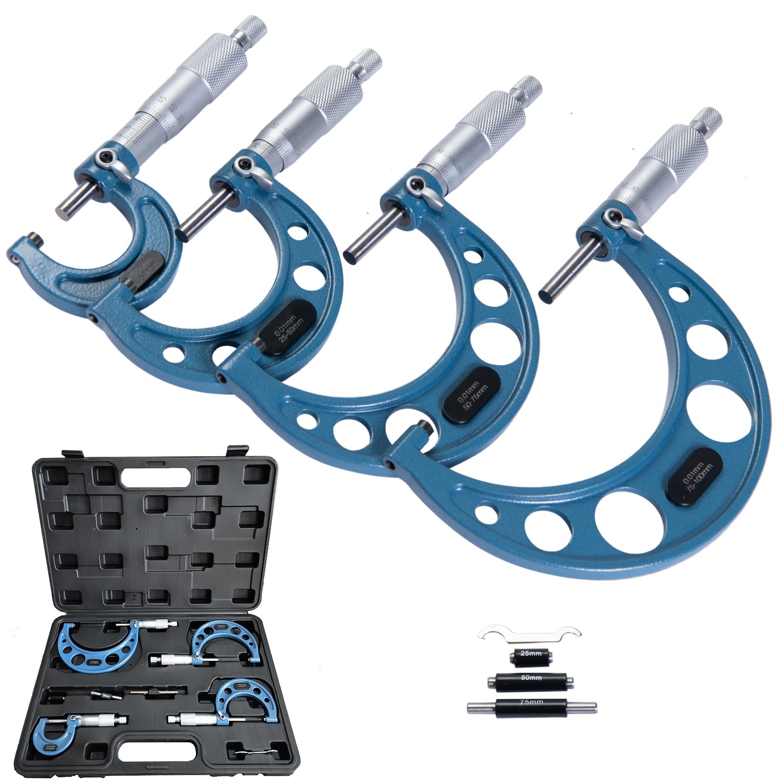 External Micrometer Set of 4, Outside Metric Micrometer(0-25mm;25-50mm;50-75mm;75-100mm), 0.01mm Graduation Precision Measuring Calipers