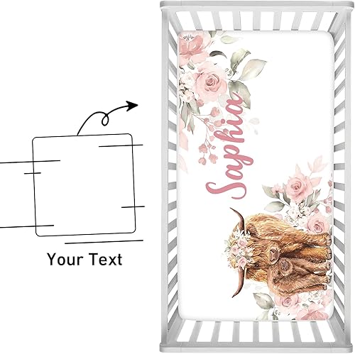 Miniatura 8 de Sábana bajera ajustable personalizada de 2 piezas para cuna  Sábana personalizada para cuna de vaca de las tierras altas con nombre de bebé, sábana