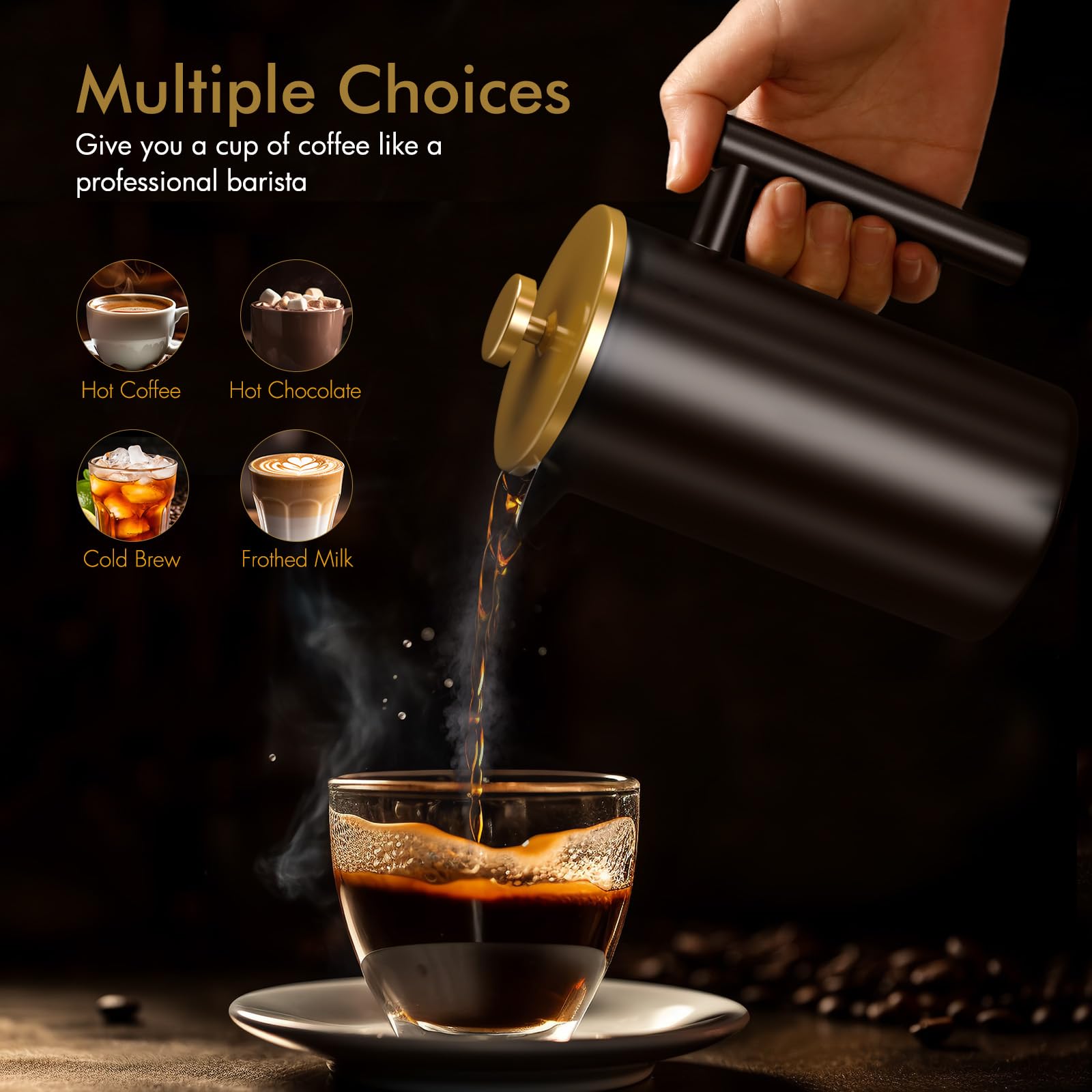 Cafetera Prensa Francesa 350ml Acero Inoxidable Filtro 4 Capas Aislamiento Negro