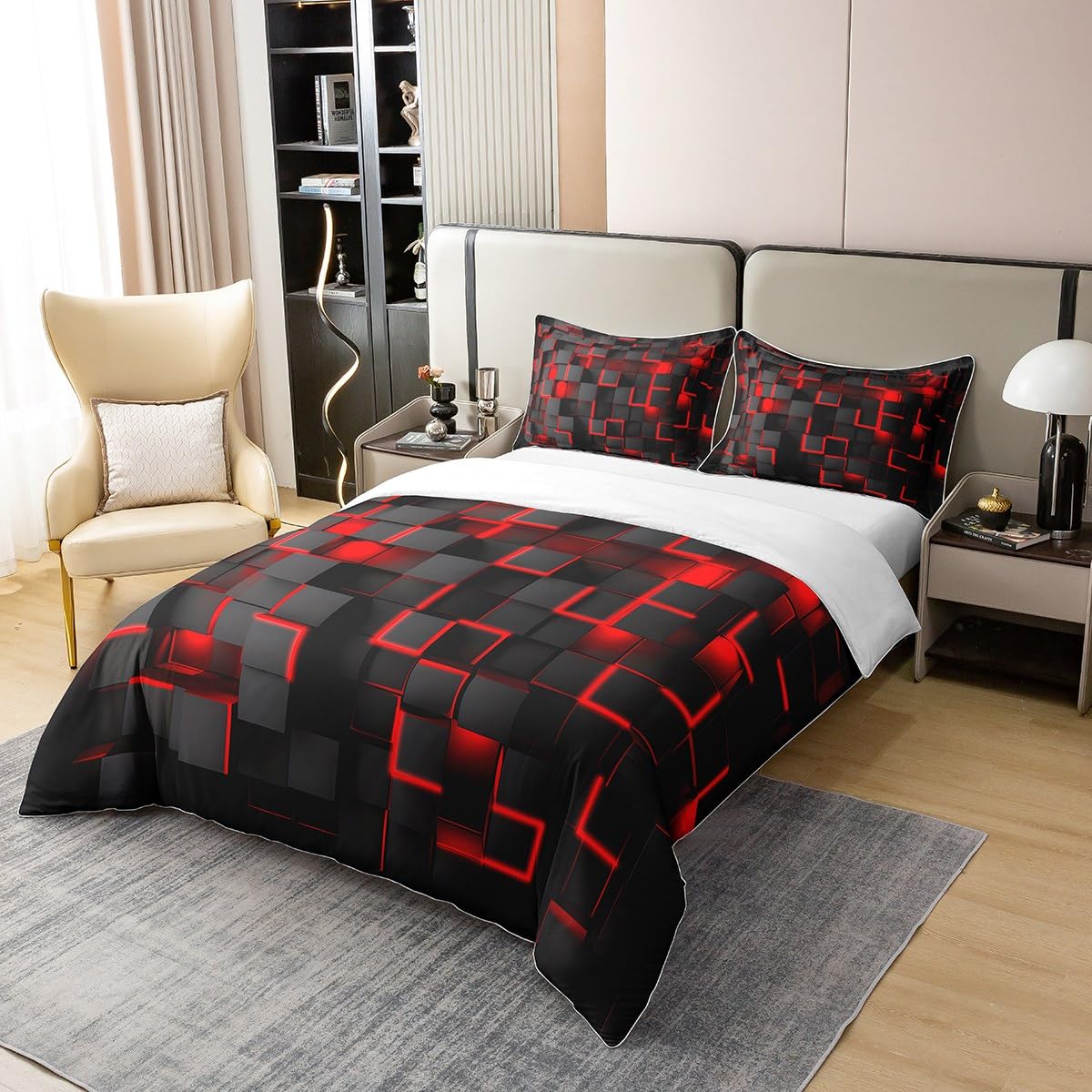 Rot und Schwarz Bettwäsche-Set, 100 % Baumwolle, leicht, geometrische Bettwäsche für Kinder, Jungen, Mädchen, Geometrie, Dekoration, Bettbezug 220 x 240 cm, moderner Stil