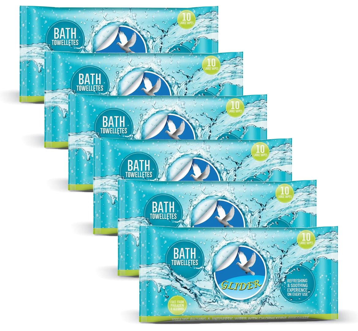 Glider Bed Bath Wipes | Adult Wet Wipes | 6 Packs | 60 Wipes | Antibacterial, Aloe Vera & Vitamin-Infused Cleansing Bath Towels