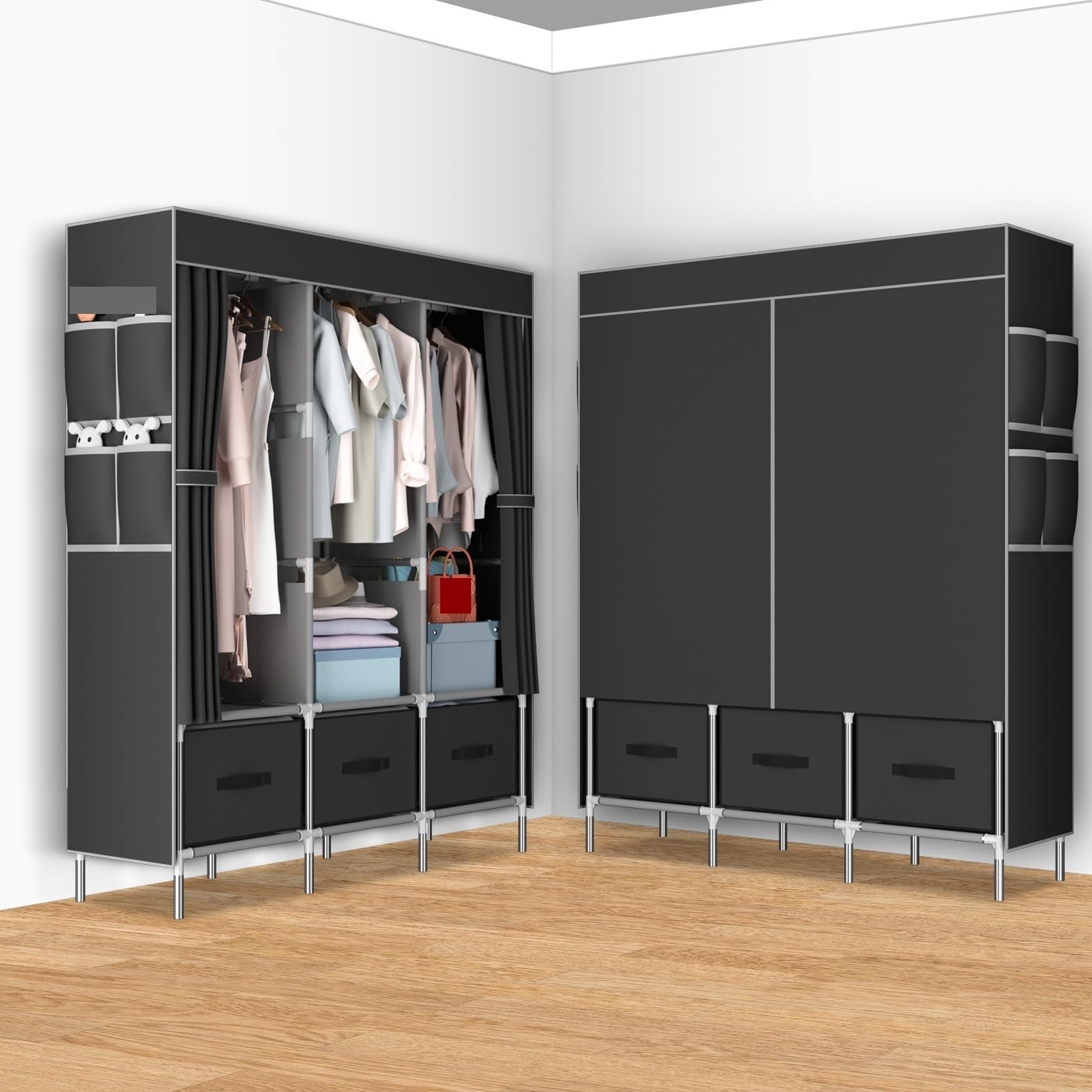 Armadio In Tessuto Guardaroba in tela, portatile, pop-up, in tessuto versatile con 3 aree di stoccaggio e aste appendiabiti, 8 borse laterali(Grey)