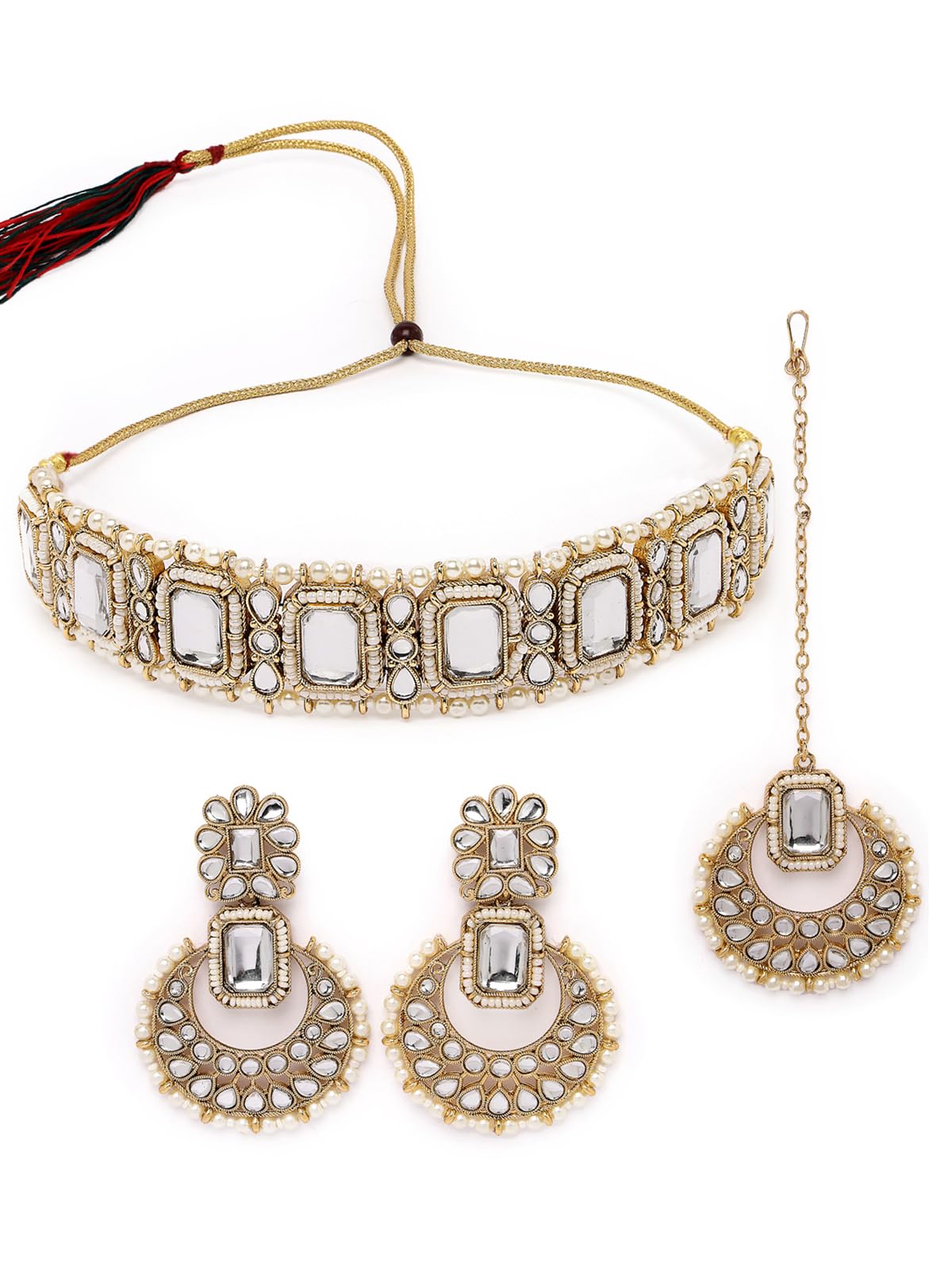 Affordable Squared Style White Kundan & Beads Studded Choker Necklace Set For Women