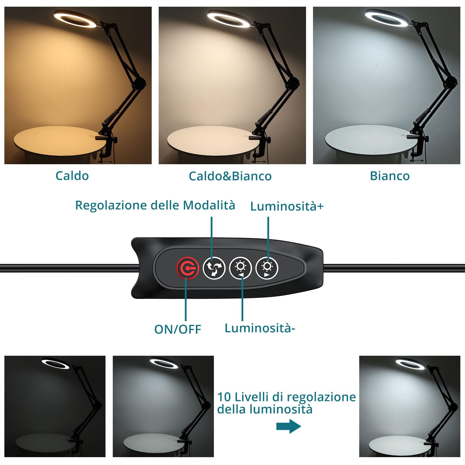 Lampada con Lente d'ingrandimento LED 8X/15X,Lampada Scrivaniacon Lenti a Menisco di Estetista-3 Modalità Luce con 50cm Braccio Girevole per Lettura/Cucito/Nail Art -con Morsetto