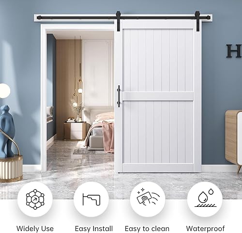 Miniatura 2 de EaseLife Puerta corredera de granero de 48 x 84 pulgadas con kit de riel de hardware para puerta de granero de 8 pies incluido, MDF sólido en el