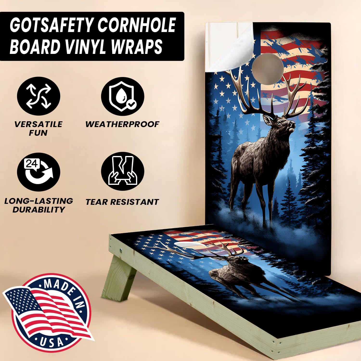 Gotsafety American Elks Cornhole Decal, Cornhole Board Vinyl Wraps Only - Durable and Easy to Apply & Adhesive - UV Protected & Printing, Set of Two - Cornhole Skins for Boards (48” x 24”)