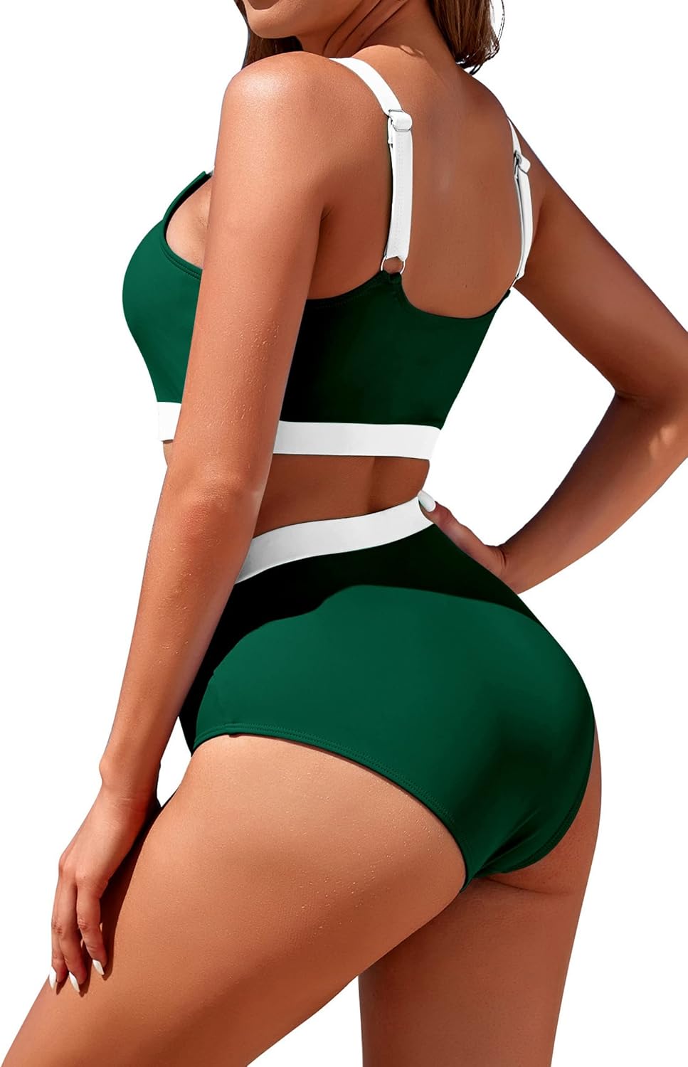 Womens High Waisted Bikini Sets Sporty Crop Top Color Block Swimwear Bandeau Scoop Neck Vintage Two Piece Bathing Suits