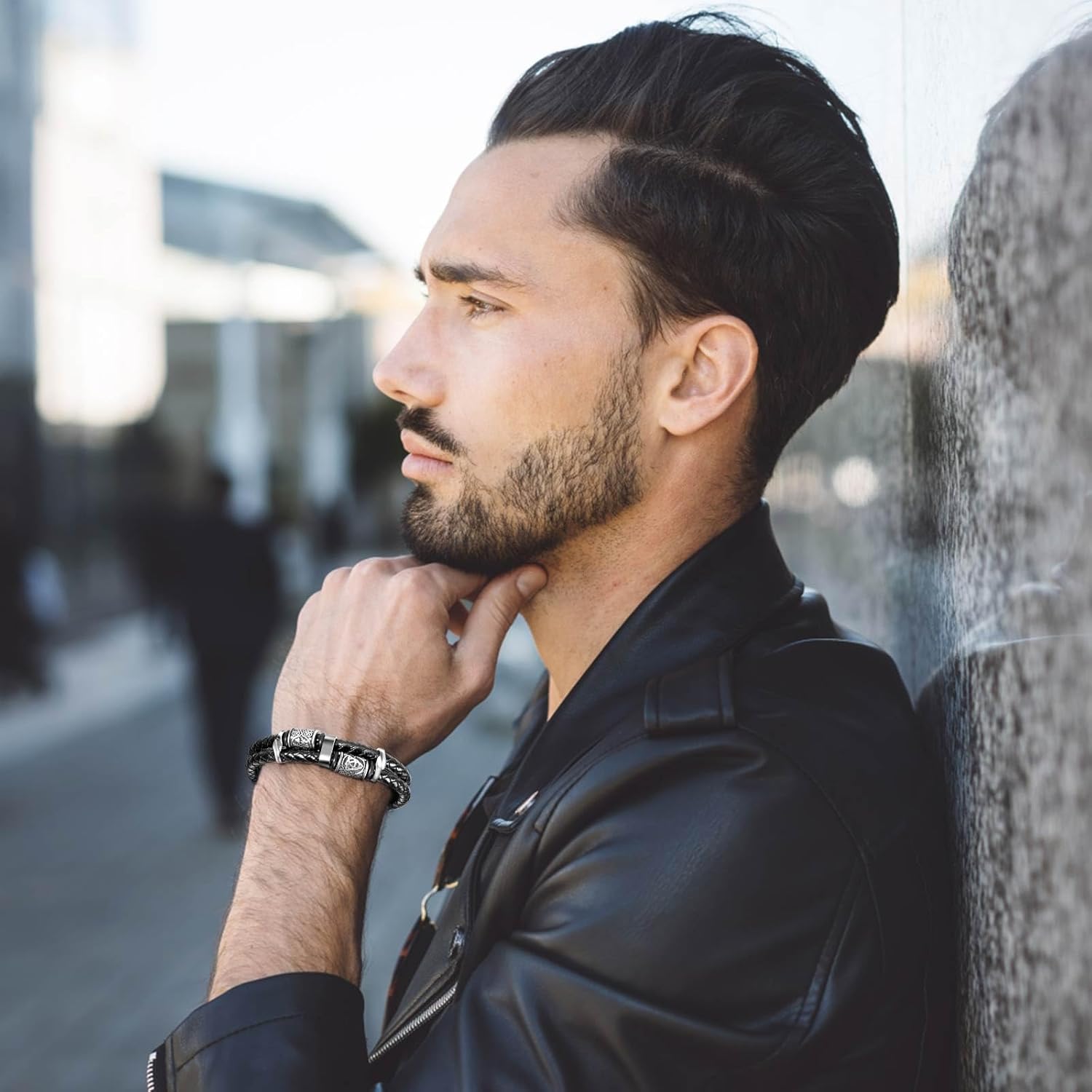 Viking Leather Bracelet For Men Balck Cool Handmade Stackable Jewelry, Faith and Courage Bangle Bracelets - Image 7