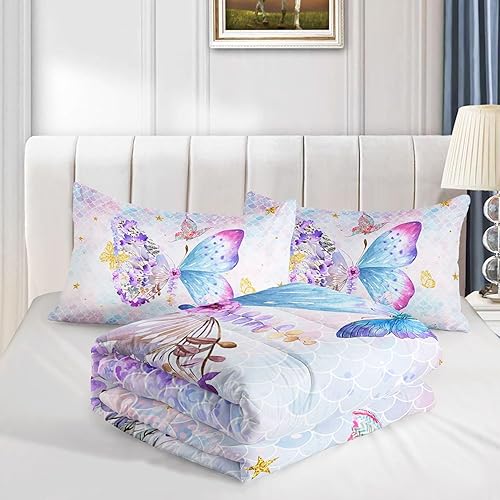 Miniatura 4 de Datura home Juego de edredón de mariposa con estampado de mariposas con 1 edredón y 2 fundas de almohada para dormitorio de niños y niñas durante