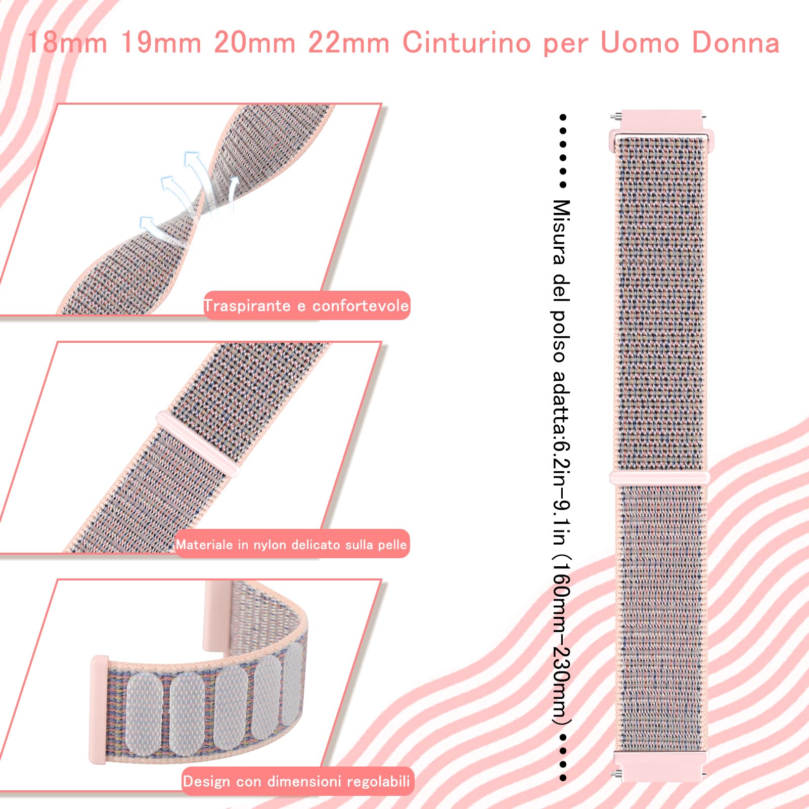 TumCez 18mm 19mm 20mm 22mm Cinturino per Uomo Donna,Regolabile Sgancio Rapido Cinturini Orologio in Nylon per Samsung/Garmin/Fossil/Amazfit/Huawei Orologio