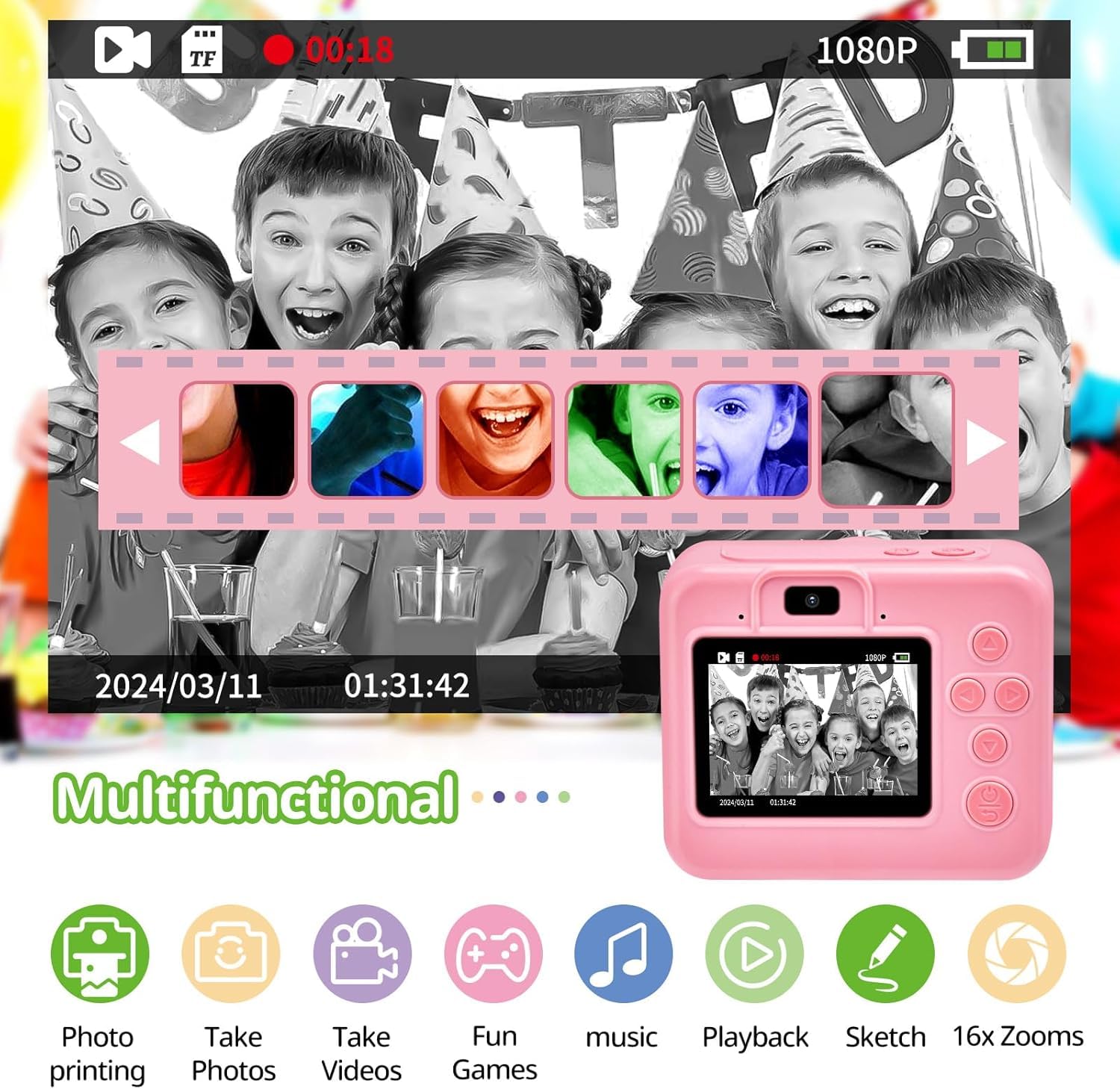 Kids Camera Instant Print, Christmas Birthday Gifts for Kids Age 3-12, Selfie Digital Camera with 1080P Videos,Toddler Portable Travel Camera Toy for 4 5 6 7 8 9 Year Old Boys (Pink)