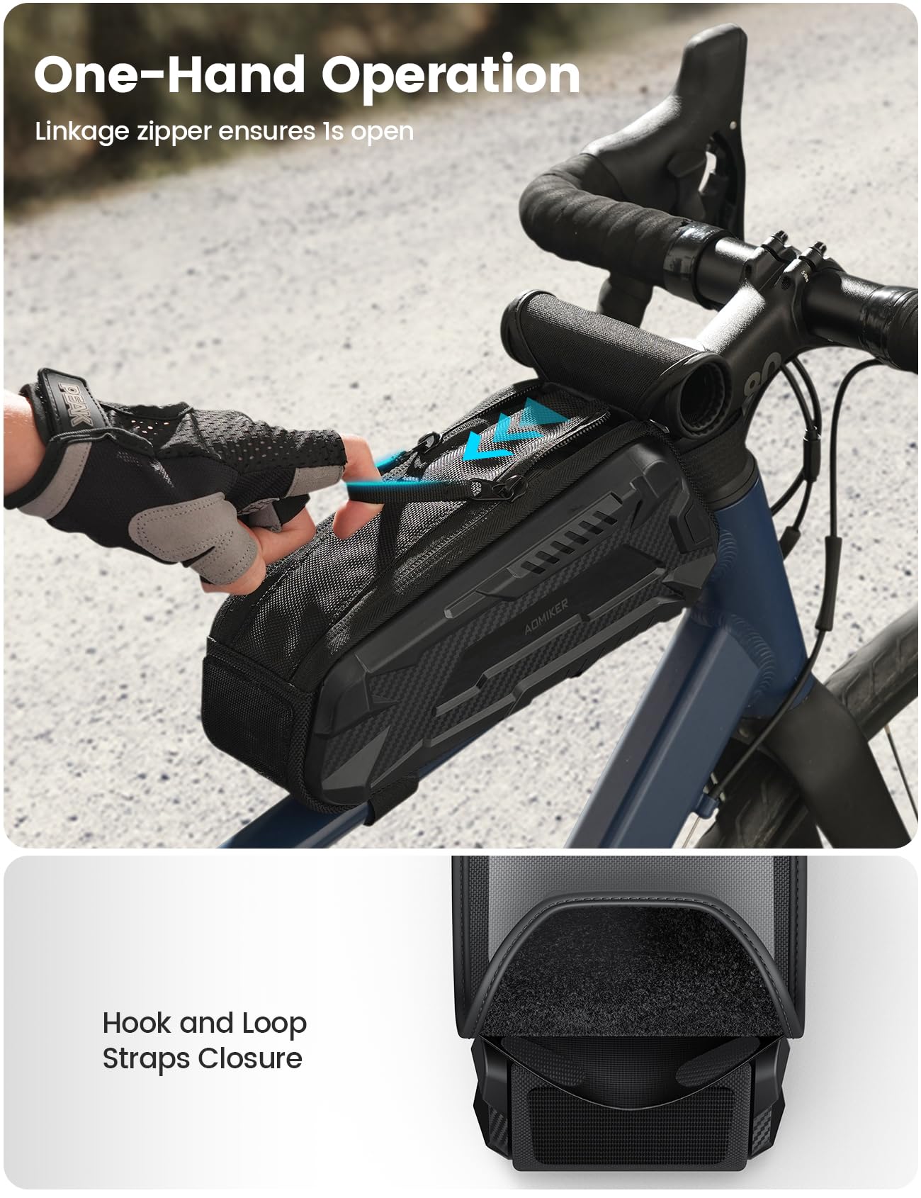 Aomiker Sac étanche pour cadre de vélo – [Fermeture éclair rapide 2025] Sac de téléphone pour vélo d'une capacité de 1,8 L, sac de tube supérieur de vélo, support de téléphone pour vélo, pochette de