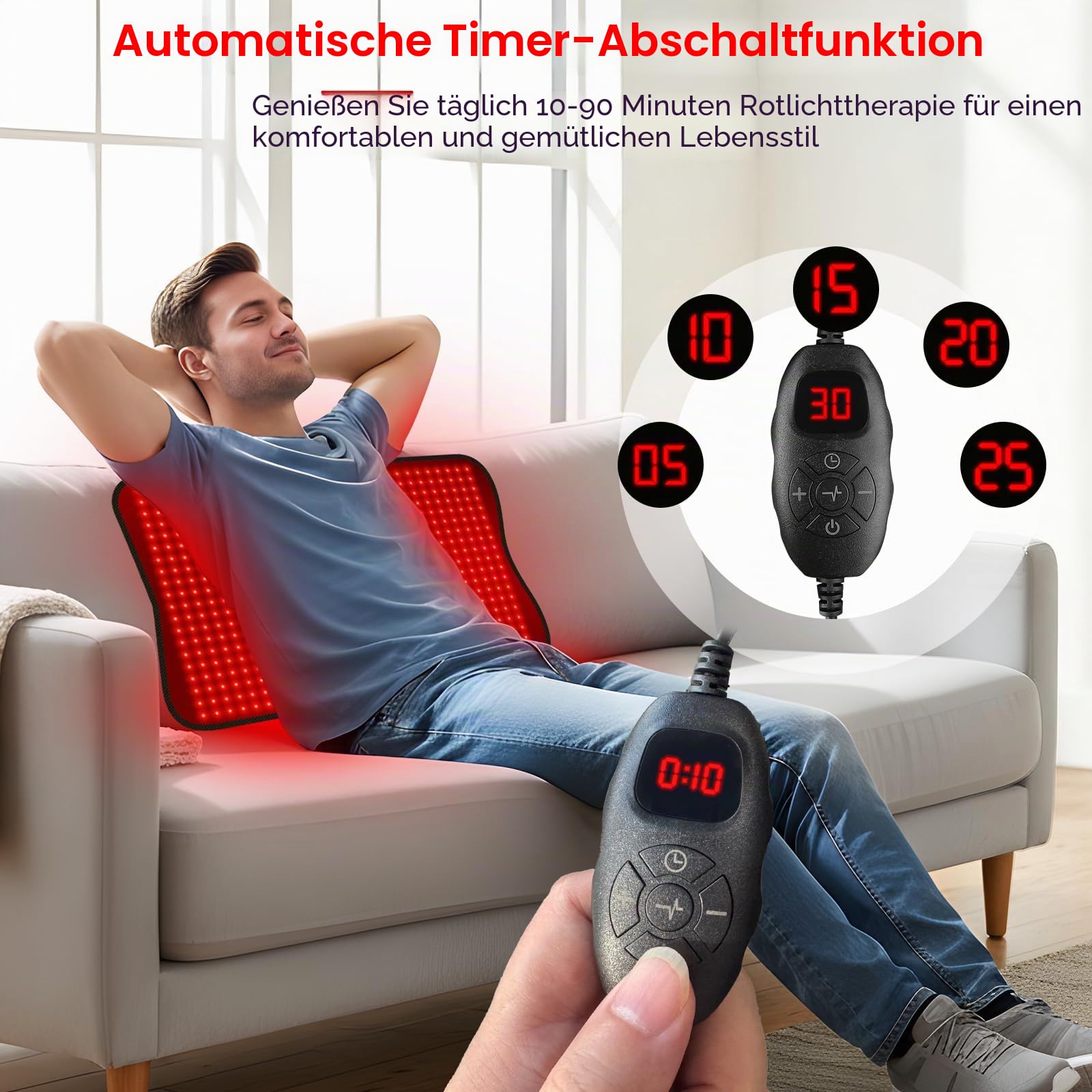 600 LED Rotlichtpad, 120 cm x 60 cm großes Rot und Nahinfrarotlichtpad für den ganzen Körper, 660 nm & 850 nm, 6 Timerstufen & 5 Helligkeitseinstellungen, 3 Modi