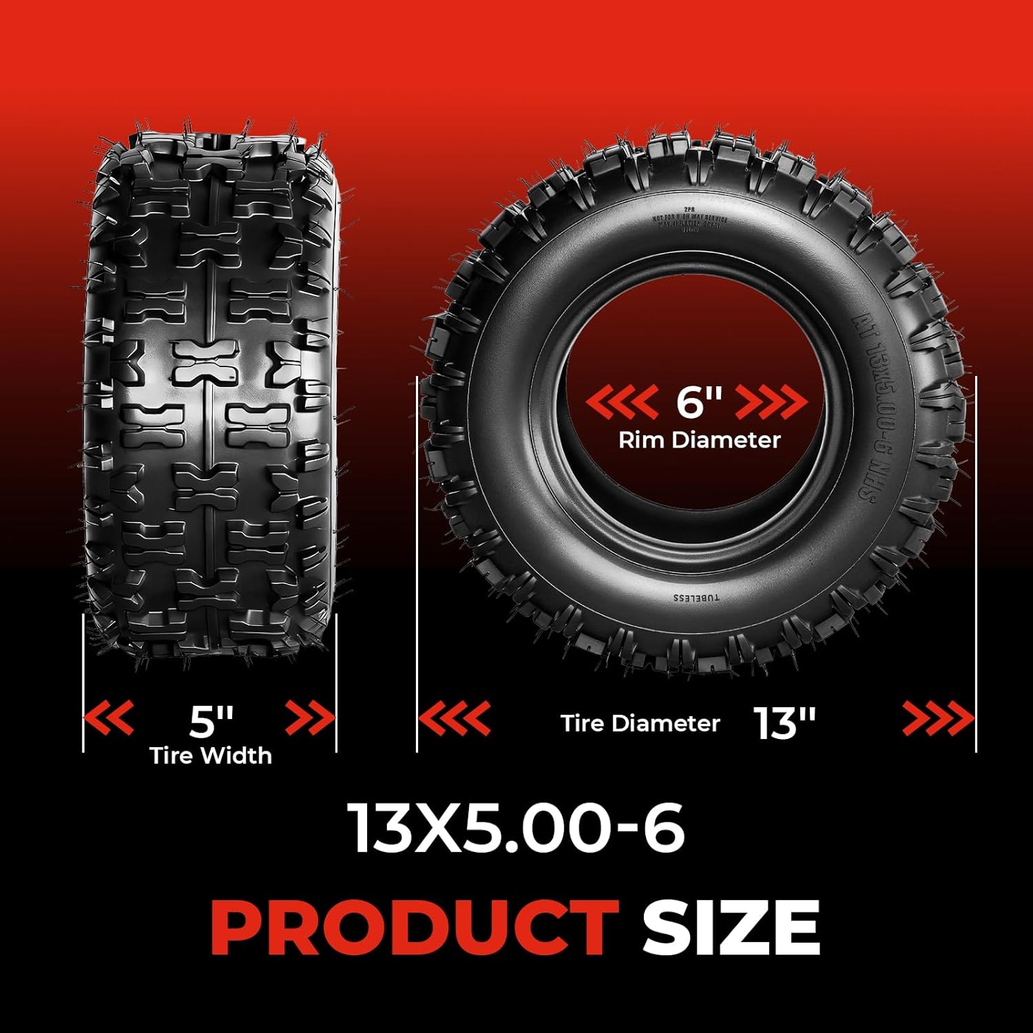 Set of 2 13x5-6 ATV UTV Tires, 13x5x6 All-Terrain Tires, 2-Ply Rated, Tubeless, Non-Directional Tread