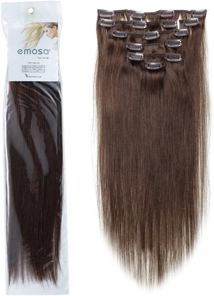 Emosa 7Pcs 70g 100% Real Silky Soft Remy Human Hair Clip In Extensions 22" #4 Medium Brown