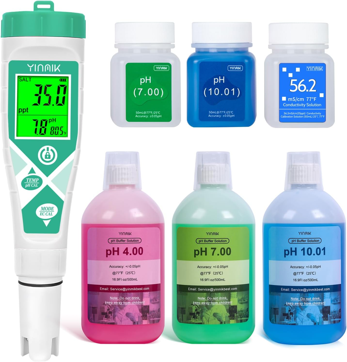YINMIK Professional 5 in 1 pH Meter & 500mL pH Calibration Solution(4.00 7.00 10.01)