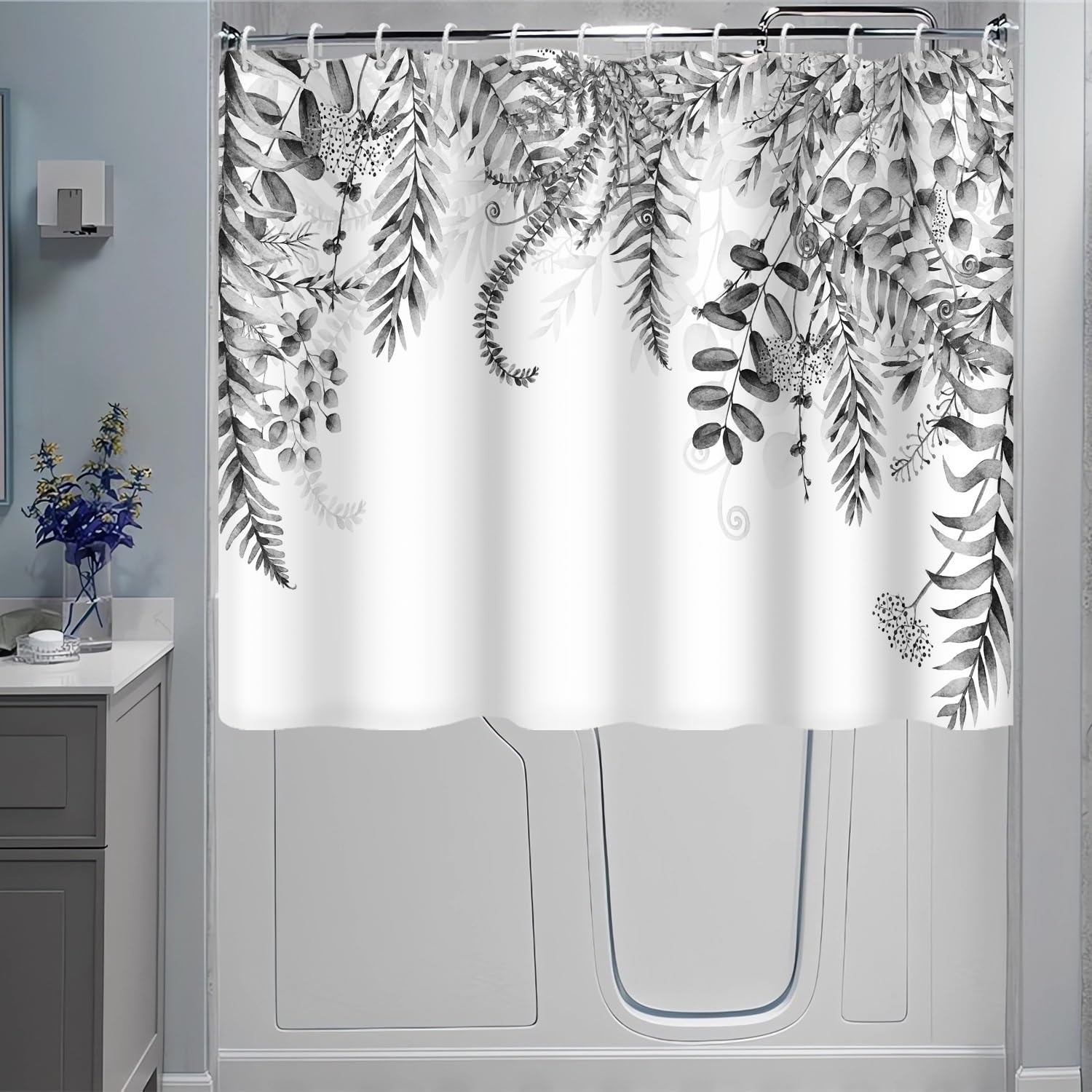 Rideau de douche court, rideau de salle de bain à motif d'eucalyptus gris aquarelle avec crochets pour baignoire ou marchepied, 183 x 152,4 cm