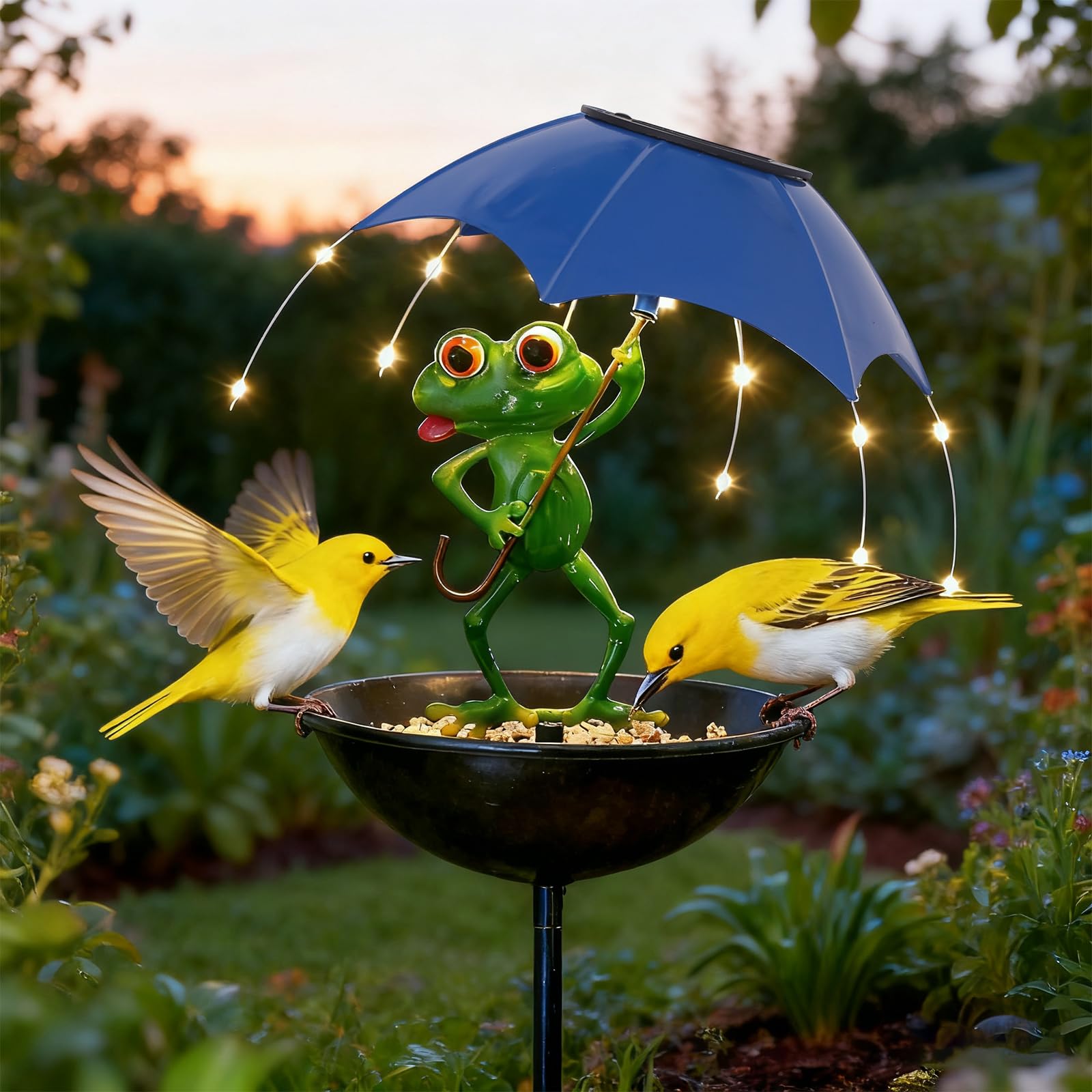 Photo 1 of **BASE IS BENT**Luckybell Garden Decor Solar Bird Feeder Frog, Frog Gifts Hummingbird Feeder Decorative Path Lights Yard Art Ornament Bird Feeder,Outdoor Solar Lights Frog Figurine Lights with Umbrella (Frog)