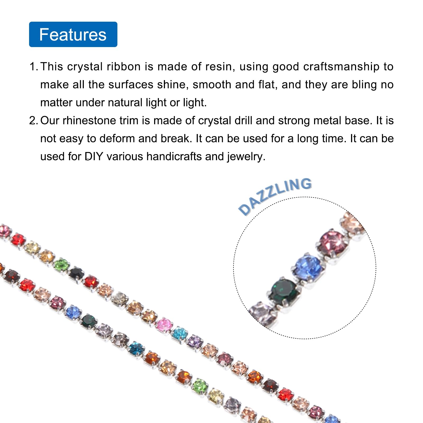 QUARKZMAN 11 Iarde 2mm Cristallo Strass Diamante Catena Chiusura Coppa Rifinito Catena per Cucire Artigianato Gioielli Fai da Te Decorazioni Matrimoni Arcobaleno