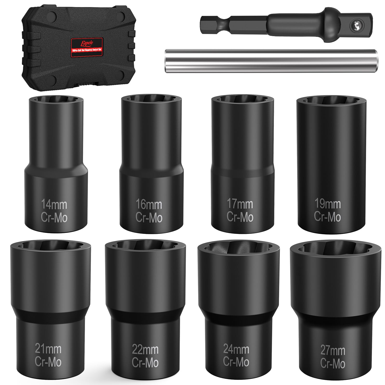 Eapele Bolt Extractor Set, 10 Piece Lug Nut Remover Socket Tool, 1/2" Drive Impact Wheel Lock Removal Kit for Removing Damaged, Frozen, Rusted,